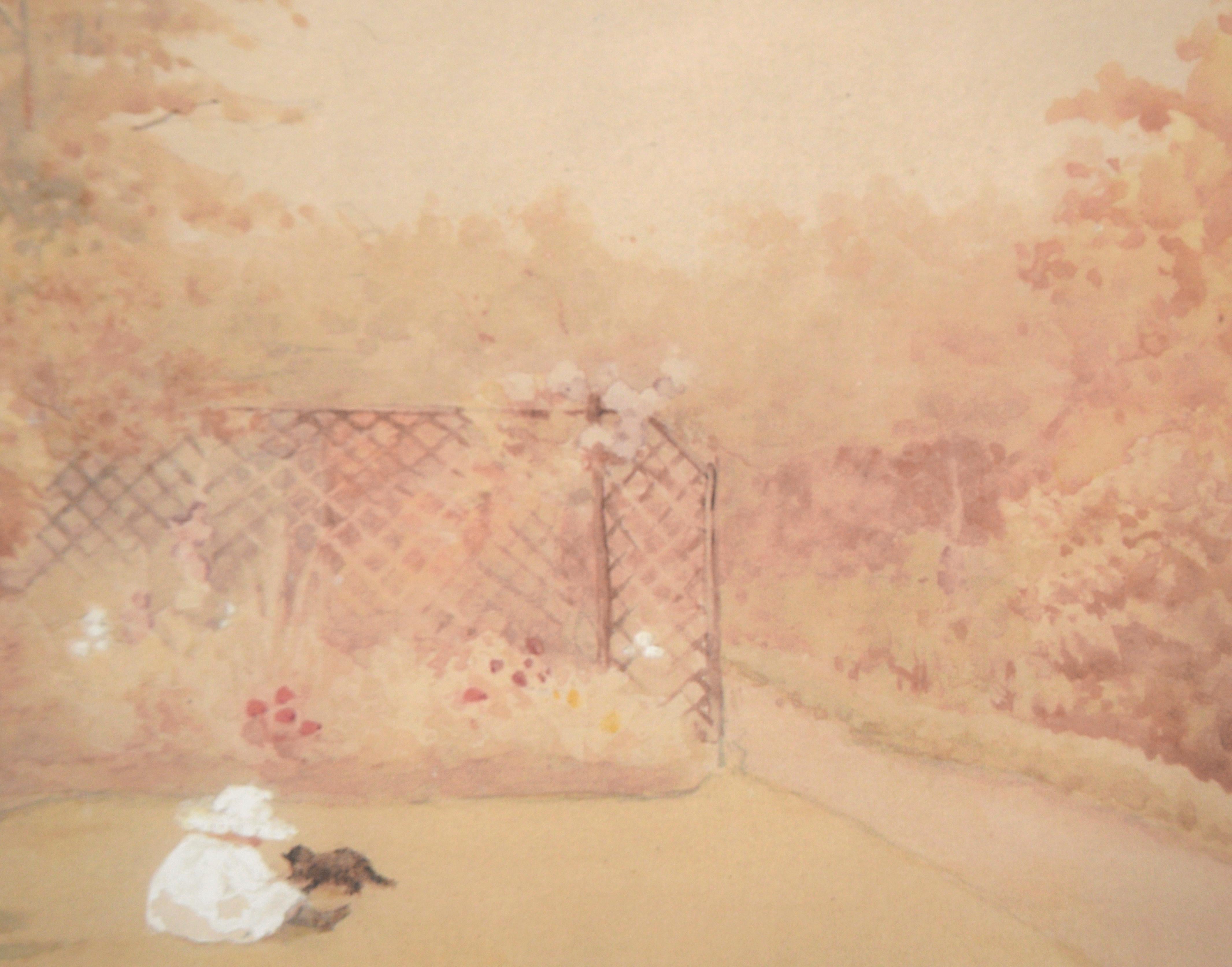Restrained landscape with a child playing with a cat by an unknown artist. Although nearly monochromatic, there is exquisite details in the foliage in the foreground. to the left. In the center of the piece a child, dressed in white, is playing with