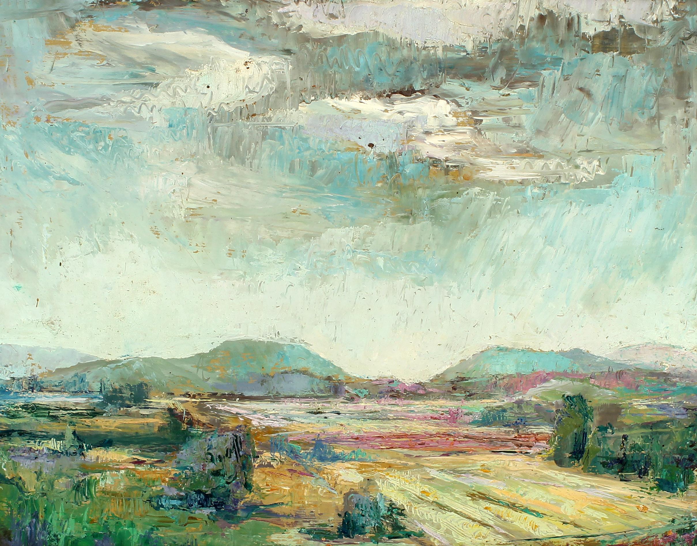 Plein Air Amerikanisches Ölgemälde Regensturm Signiert Original Modern Impressionist (Braun), Landscape Painting, von Unknown