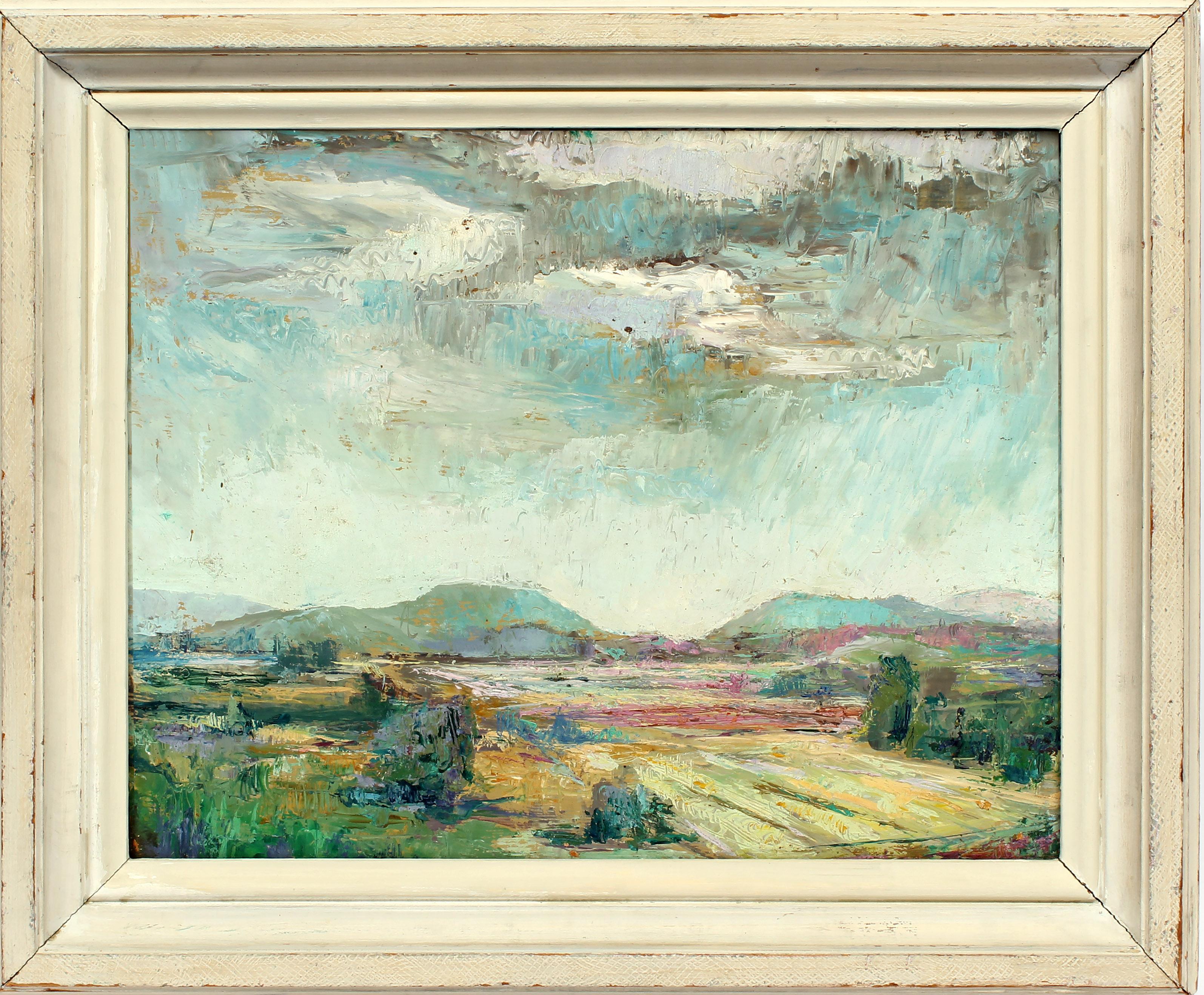 Unknown Landscape Painting – Plein Air Amerikanisches Ölgemälde Regensturm Signiert Original Modern Impressionist