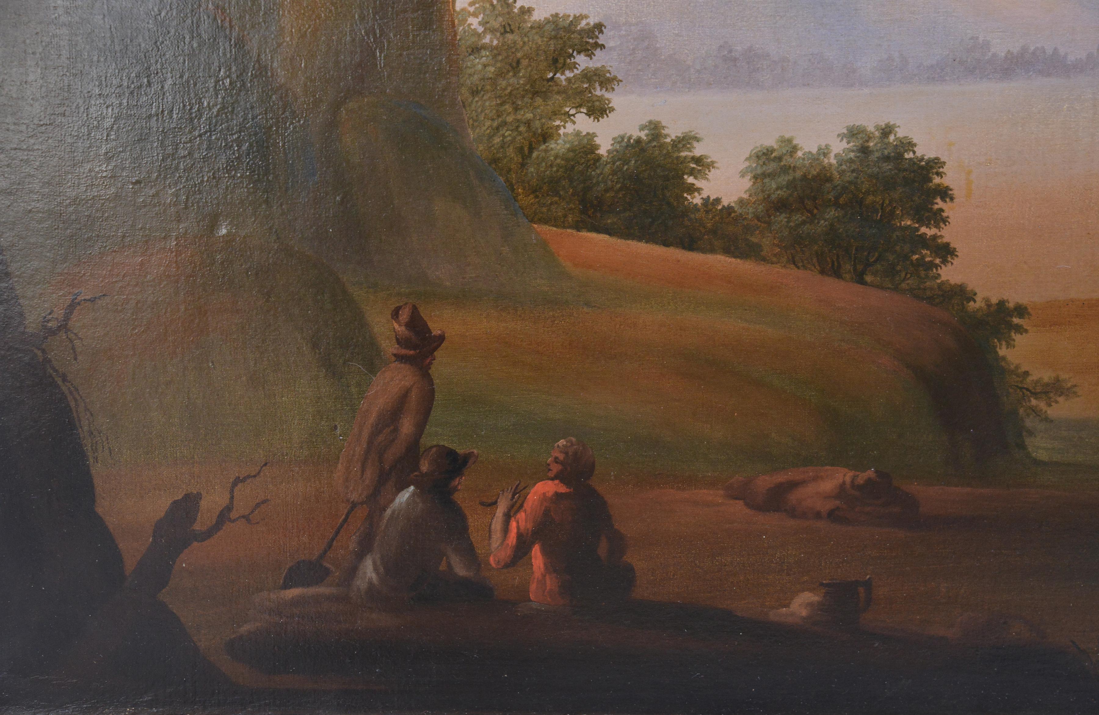 Campo di aratri all'alba in un paesaggio montano del 18° secolo, pittura ad olio antica di grandi dimensioni - Painting di Unknown