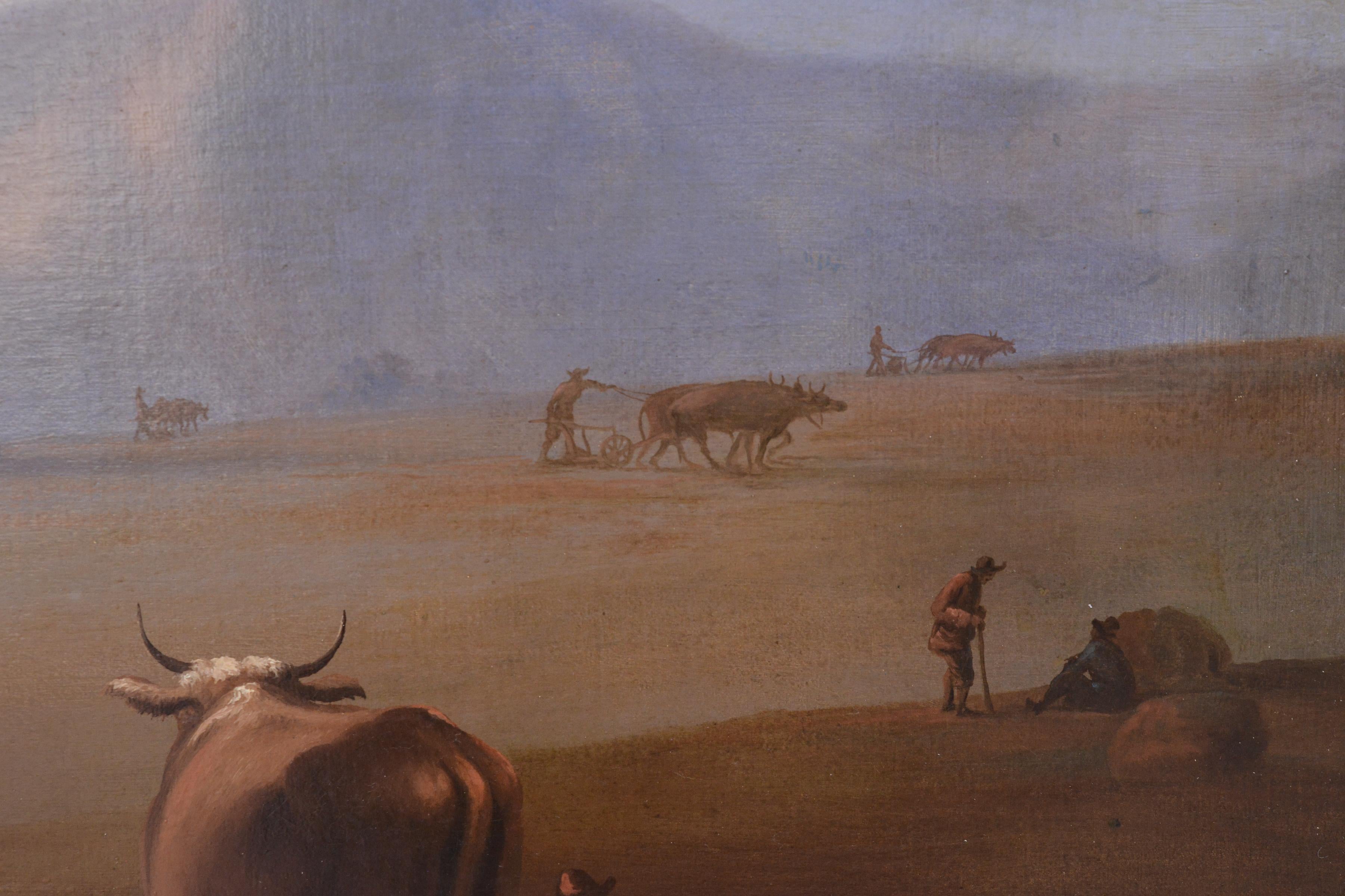 Campo di aratri all'alba in un paesaggio montano del 18° secolo, pittura ad olio antica di grandi dimensioni - Painting Realismo di Unknown