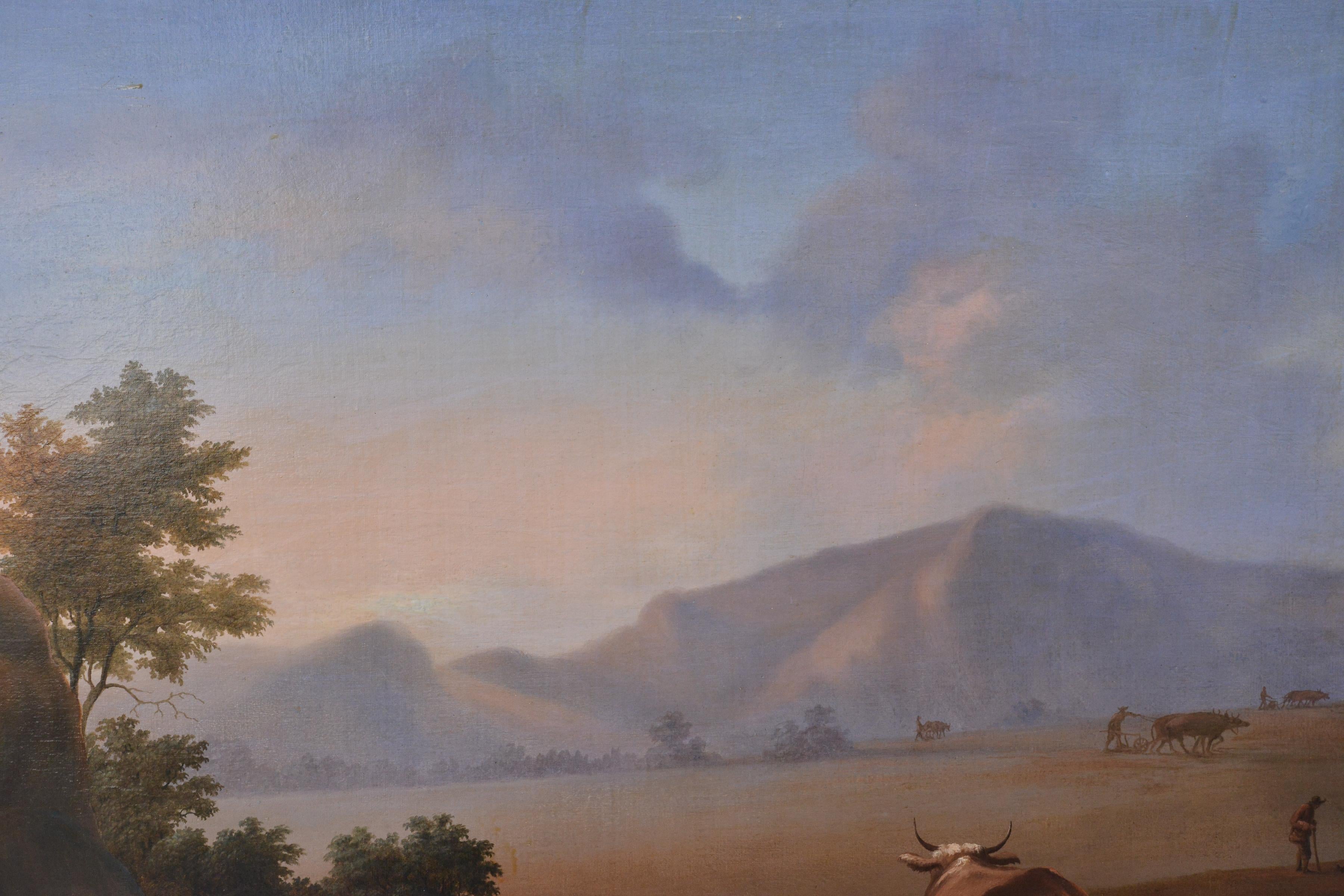 Campo di aratri all'alba in un paesaggio montano del 18° secolo, pittura ad olio antica di grandi dimensioni - Landscape Painting Marrone di Unknown