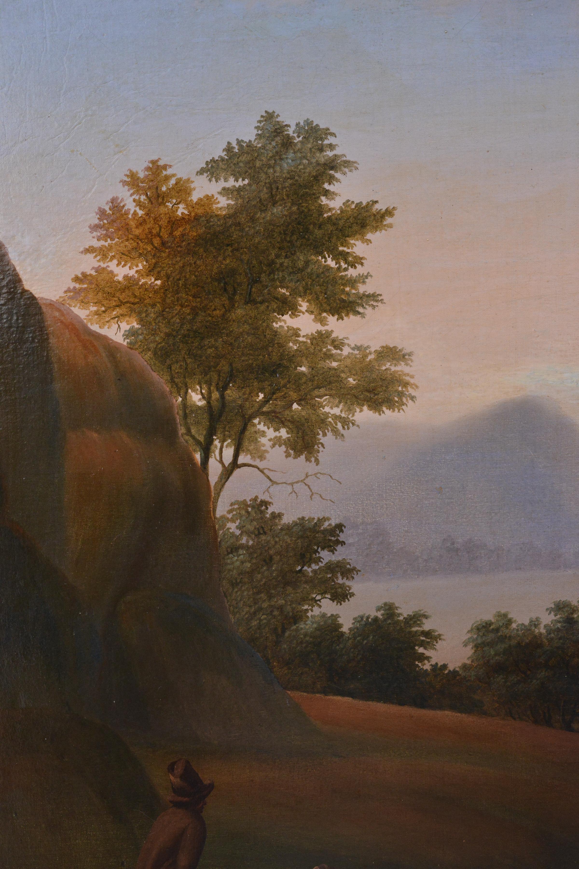 Campo di aratri all'alba in un paesaggio montano del 18° secolo, pittura ad olio antica di grandi dimensioni in vendita 1