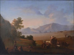 Grande peinture à l'huile ancienne du 18ème siècle, Field au crépuscule dans un paysage de montagne