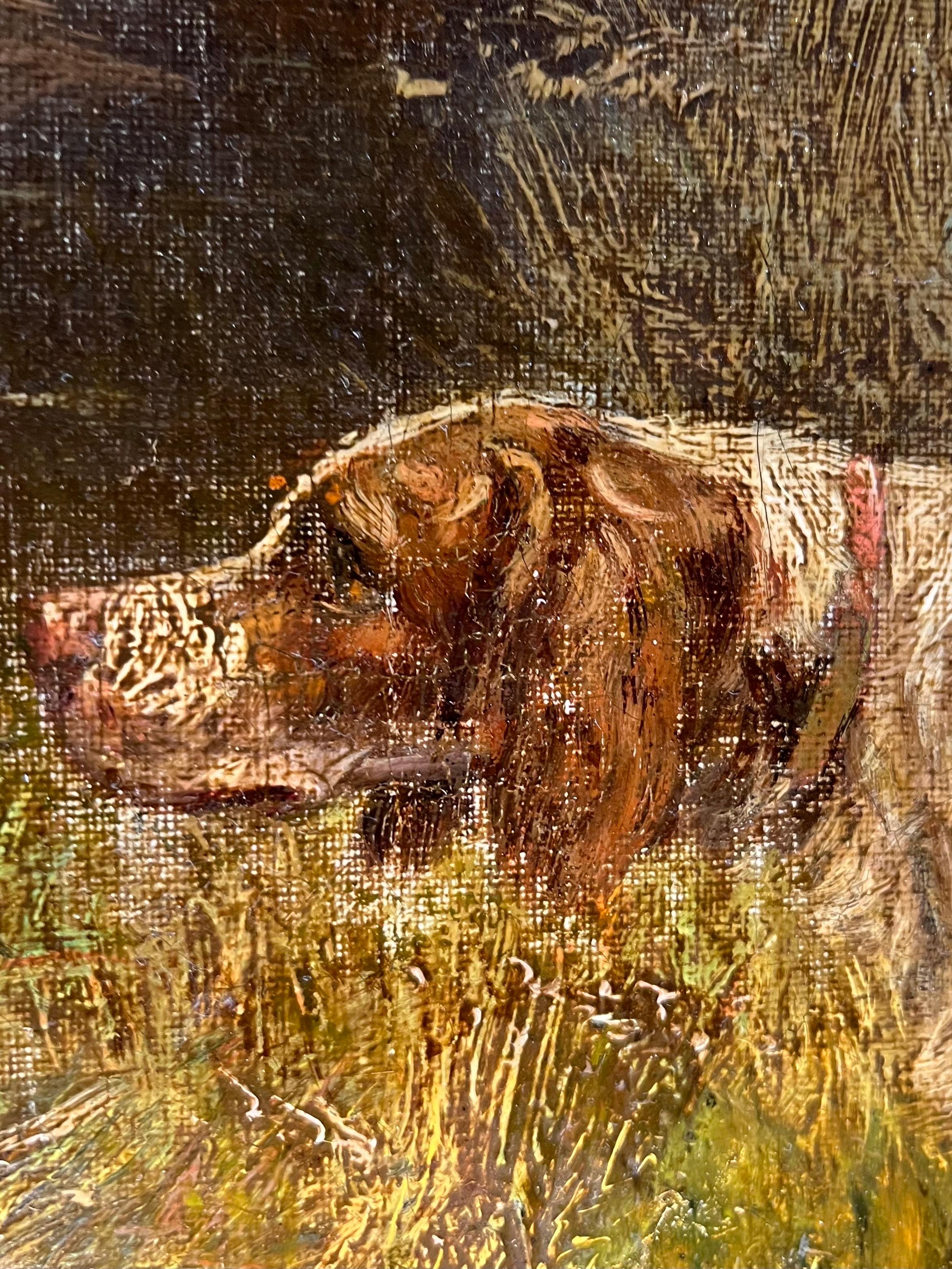 Pointer Dogs - Oil on Canvas - 39x31 cm - Modern Painting by Unknown