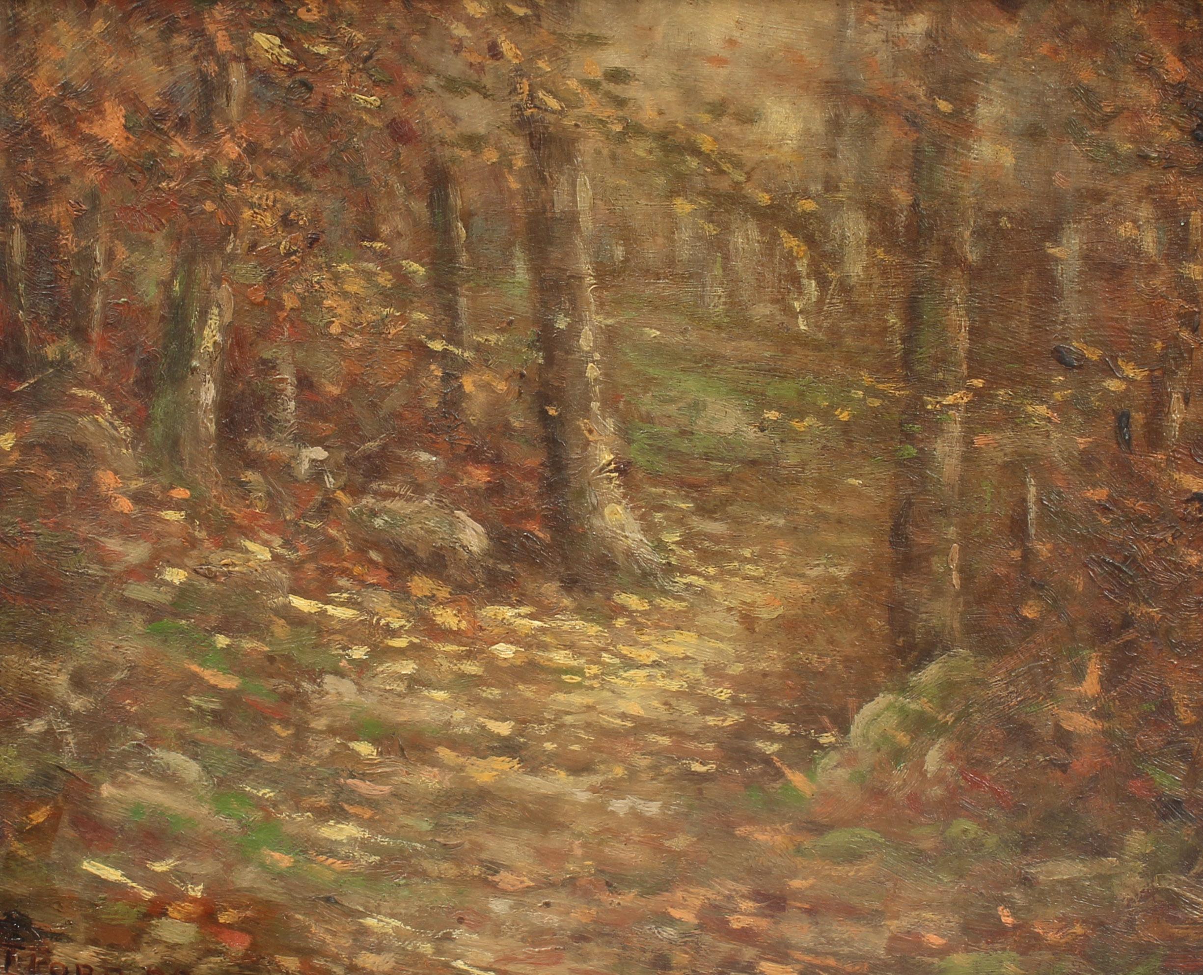 Peinture à l'huile pointilliste d'un paysage d'automne 19ème siècle, cadre unique 1900 - Painting de Unknown
