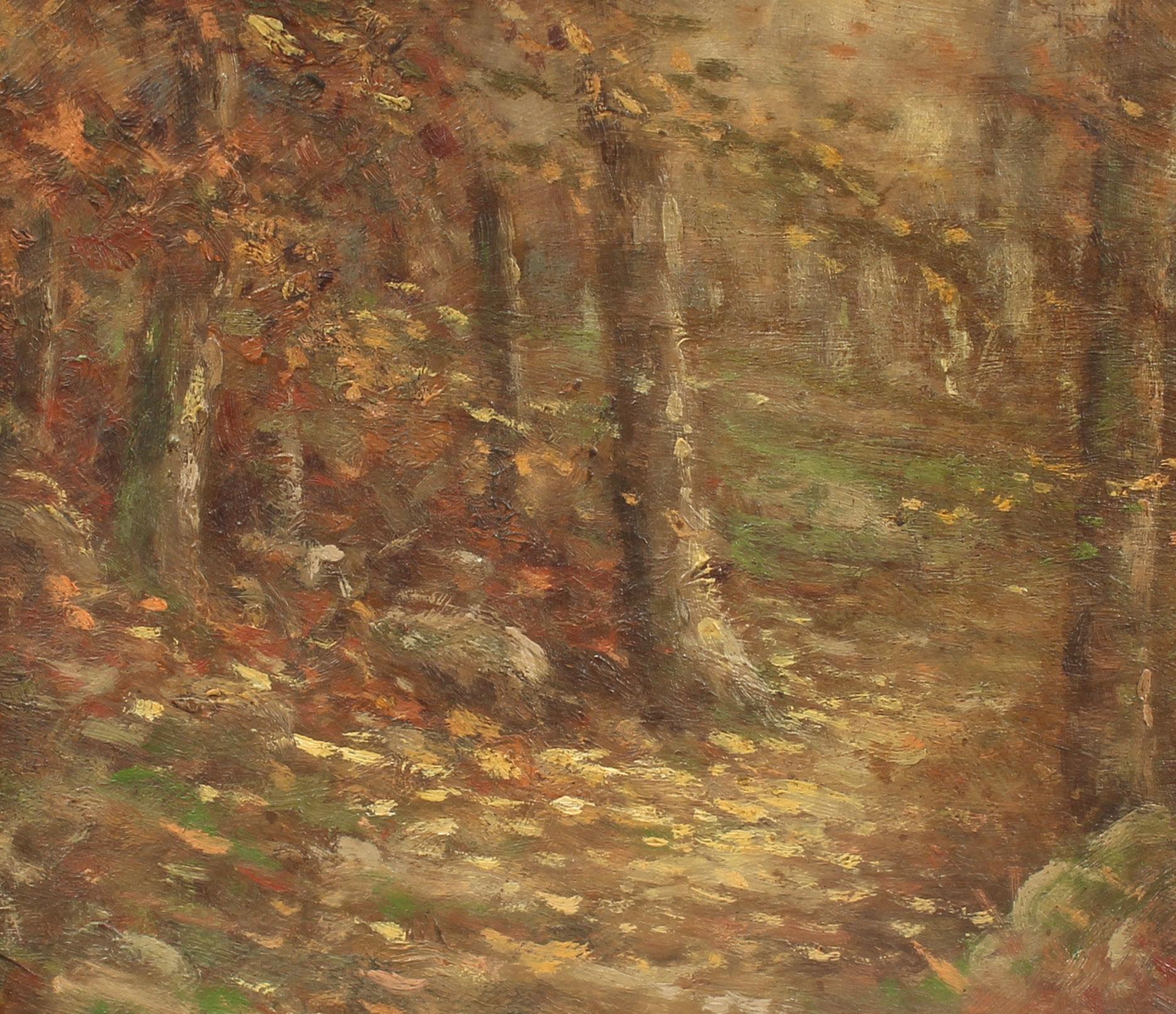 Peinture à l'huile pointilliste d'un paysage d'automne 19ème siècle, cadre unique 1900 - Pointillisme Painting par Unknown