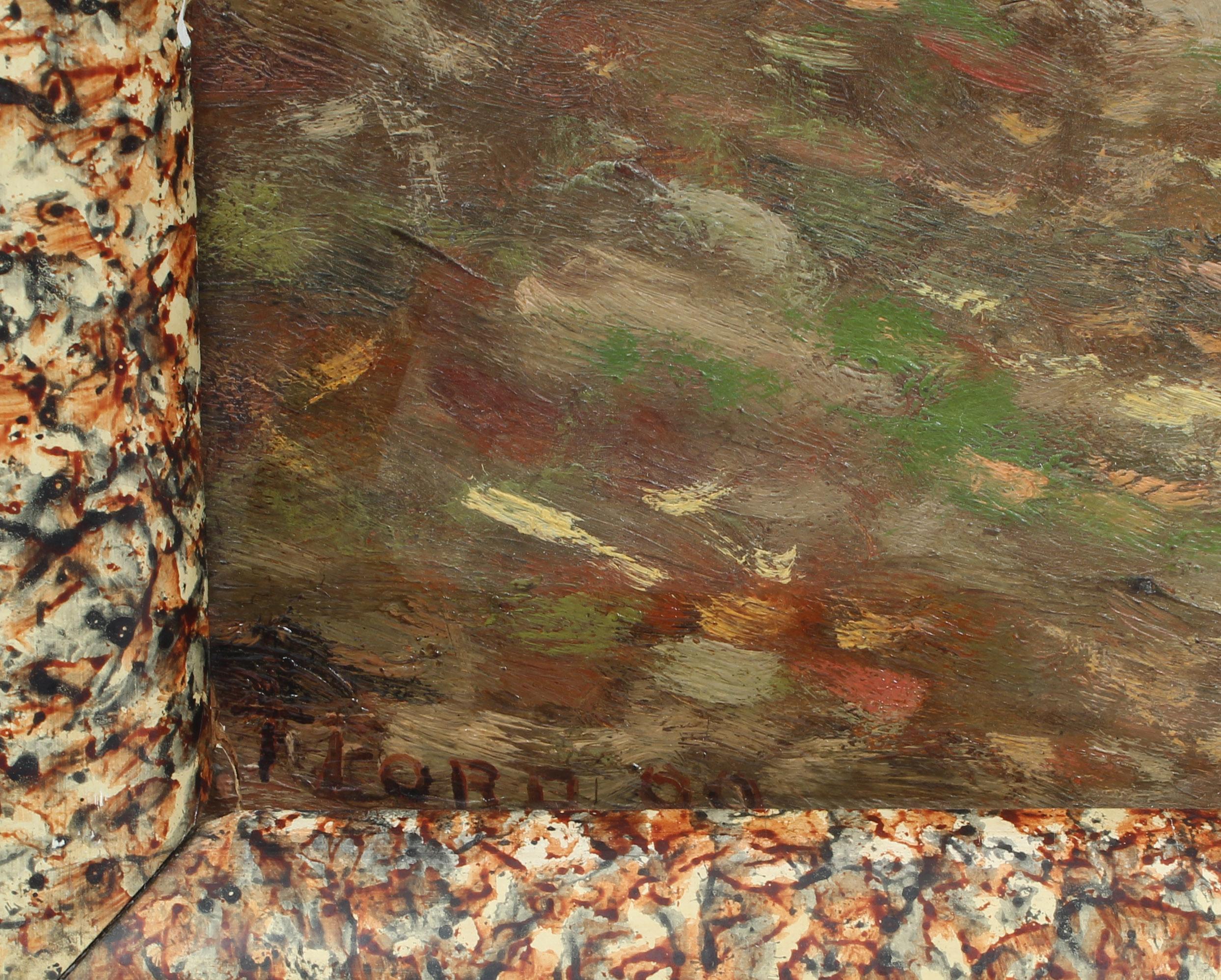 Peinture à l'huile pointilliste d'un paysage d'automne 19ème siècle, cadre unique 1900 - Marron Landscape Painting par Unknown