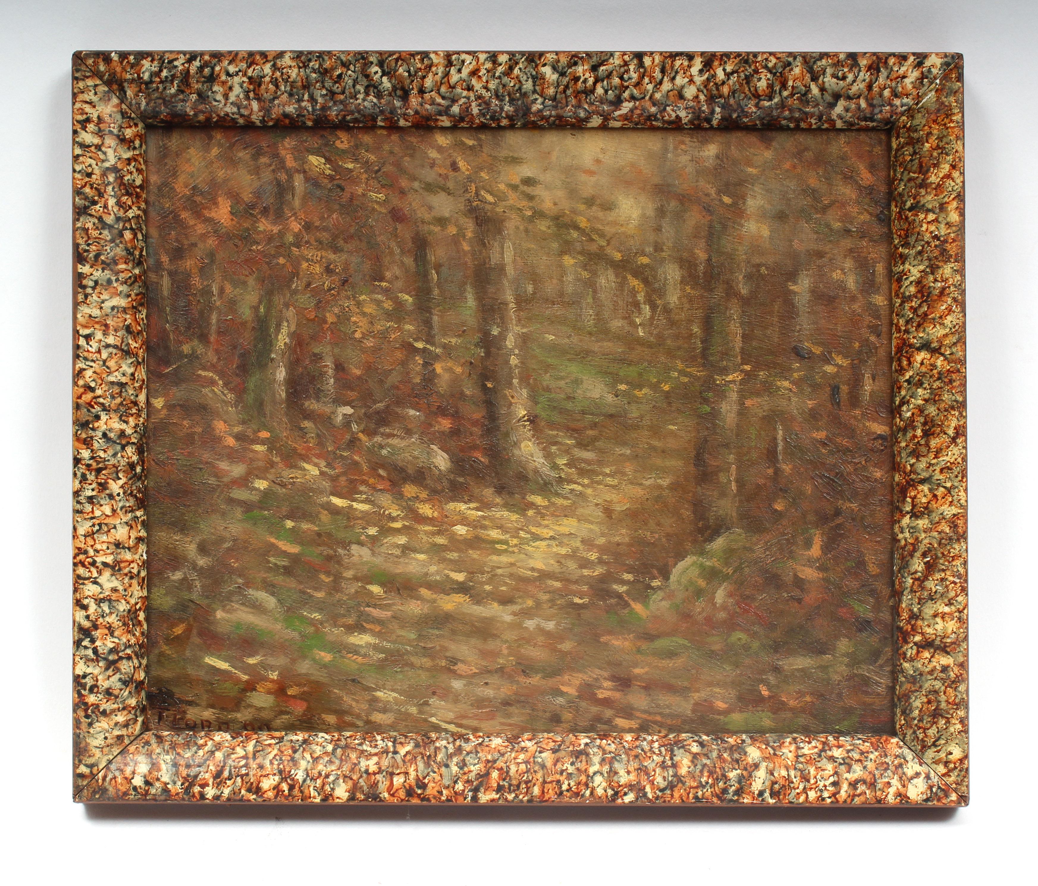 Landscape Painting Unknown - Peinture à l'huile pointilliste d'un paysage d'automne 19ème siècle, cadre unique 1900