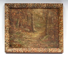 Antique Pointillist Oil Painting Fall Landscape 19th Century, Unique Frame 1900