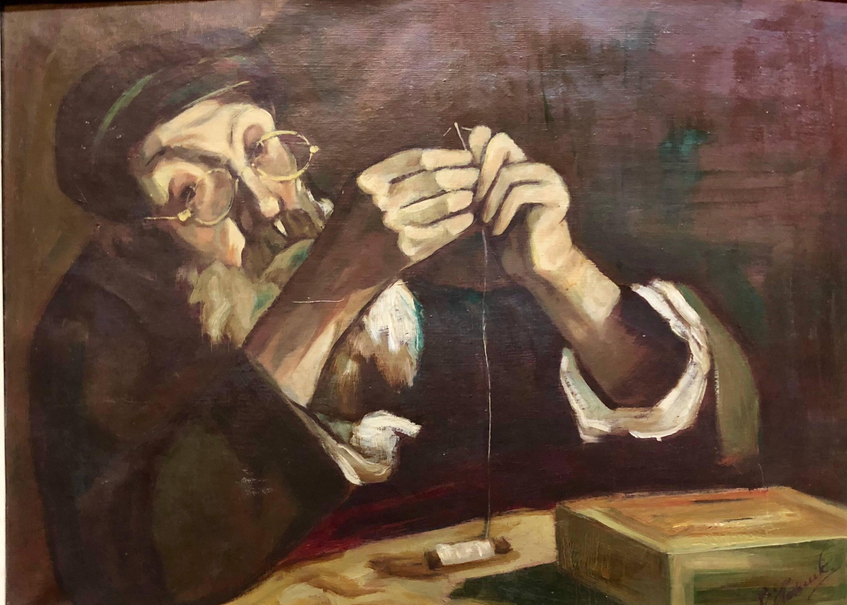 Older, realistic portrait of an older Jewish shtetl tailor by Polish artist. Here the artist conveys a sense of quiet grandeur through the eyes of his subject and the way it's rendered. Part of a distinguished European lineage of Jewish genre
