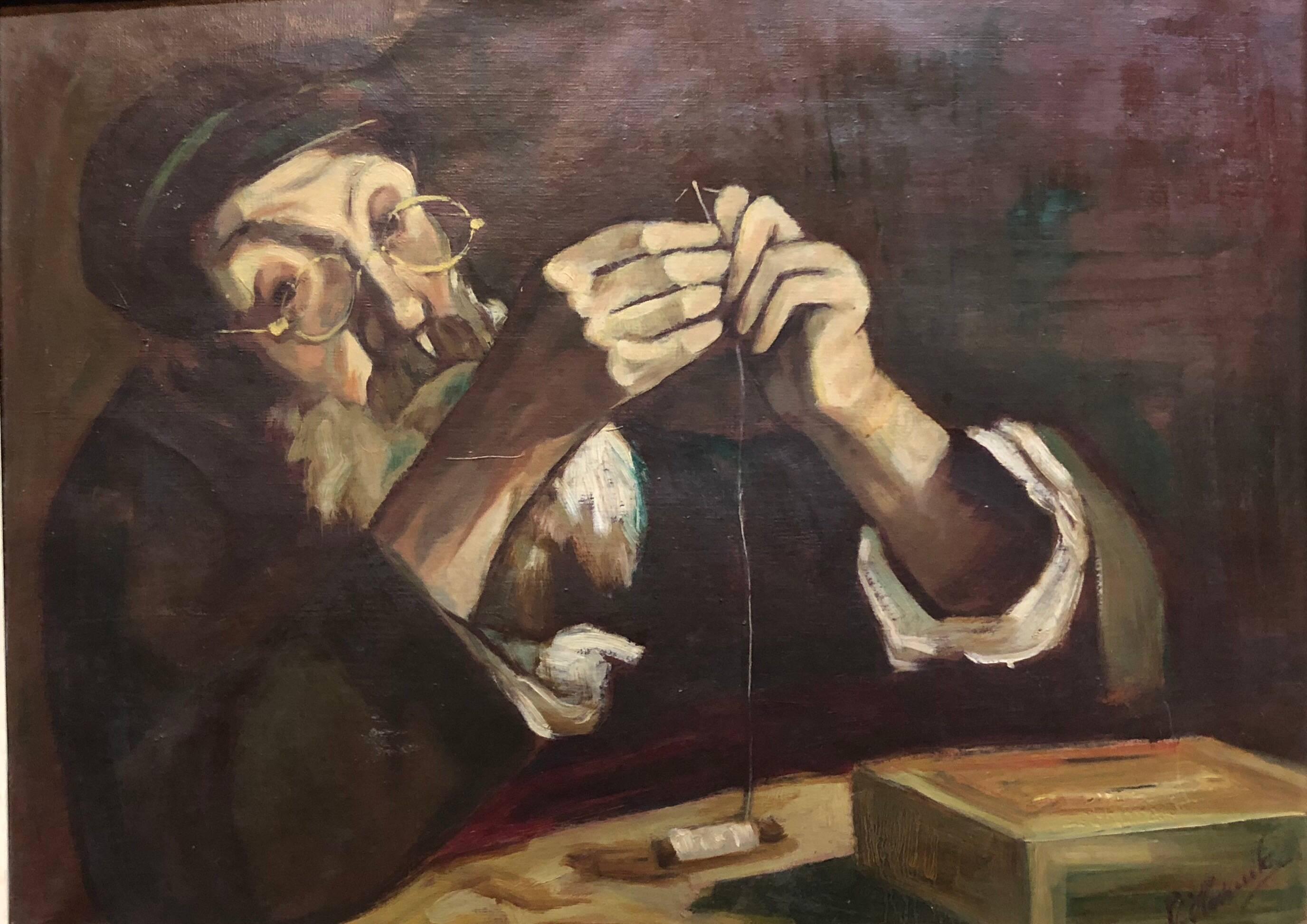 Peinture à l'huile polonaise judaïque d'un portrait de tailleur de Rabbi Shtetl hasidic - Réalisme Painting par Unknown