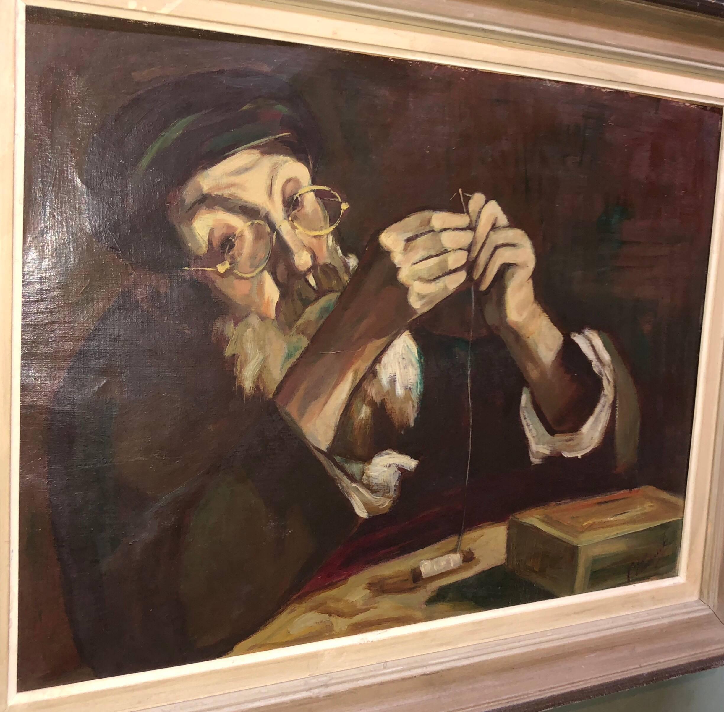 Realistic portrait of an older Jewish shtetl tailor by Polish artist. Here the artist conveys a sense of quiet grandeur through the eyes of his subject and the way it's rendered. Part of a distinguished European lineage of Jewish genre artists who