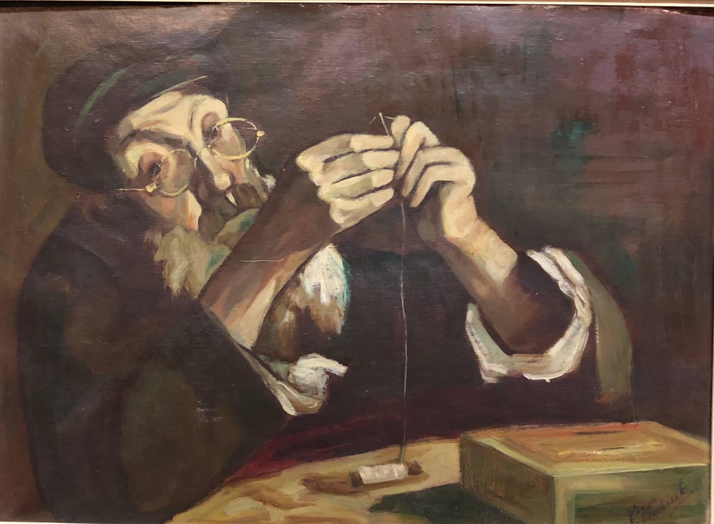 Retrato antiguo y realista de un sastre judío del shtetl, obra de un artista polaco. Aquí el artista transmite una sensación de tranquila grandeza a través de los ojos de su sujeto y de la forma en que está representado. Forma parte de un