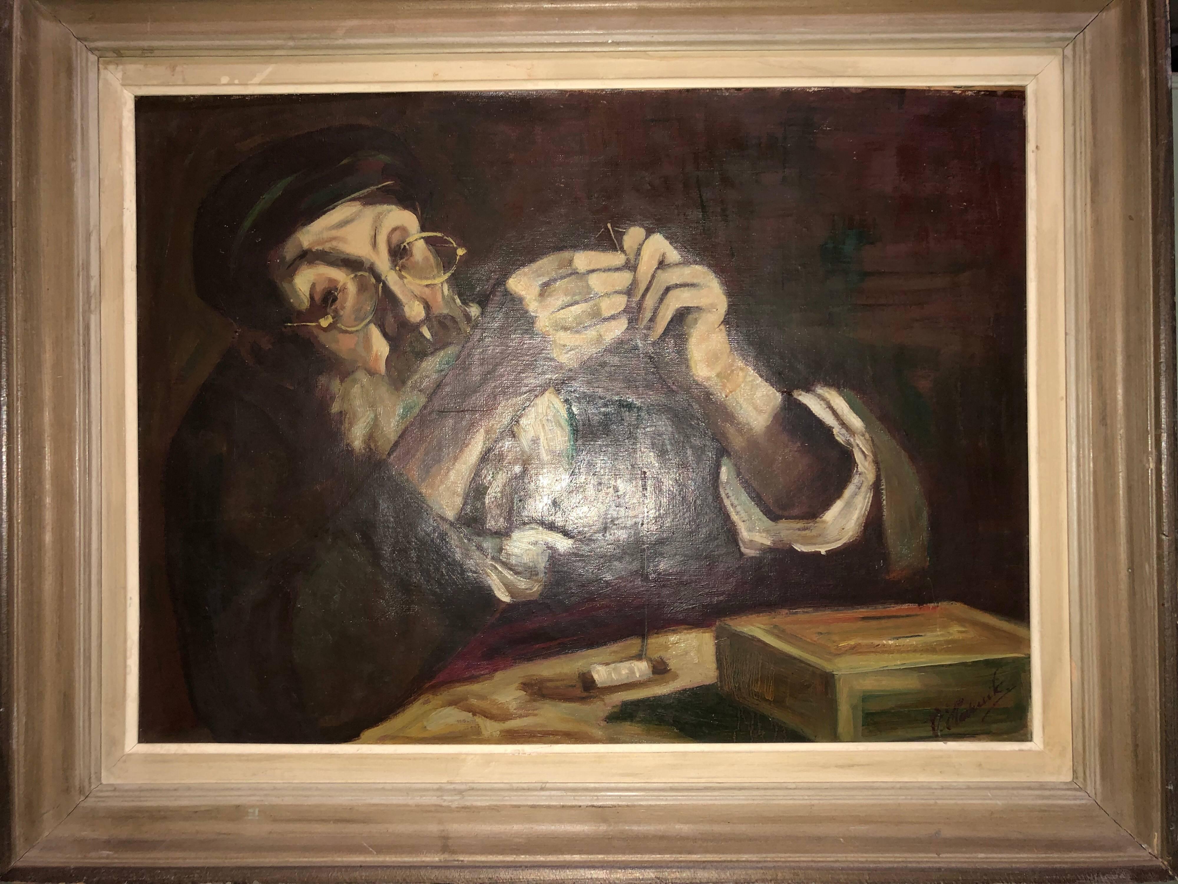 Polish Judaica Portrait of Hasidic Rabbi Shtetl Tailor Oil Painting 1