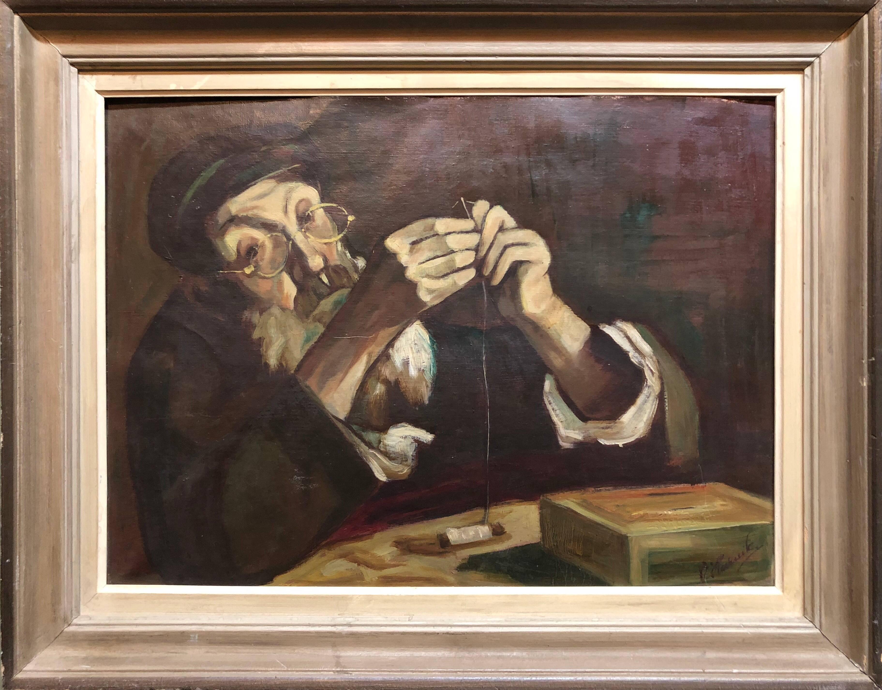 Unknown Portrait Painting - Polish Judaica Portrait of Hasidic Rabbi Shtetl Tailor Oil Painting