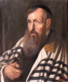 Polish Judaica Portrait of Hasidic Rabbi with Tallit Synagogue Oil Painting