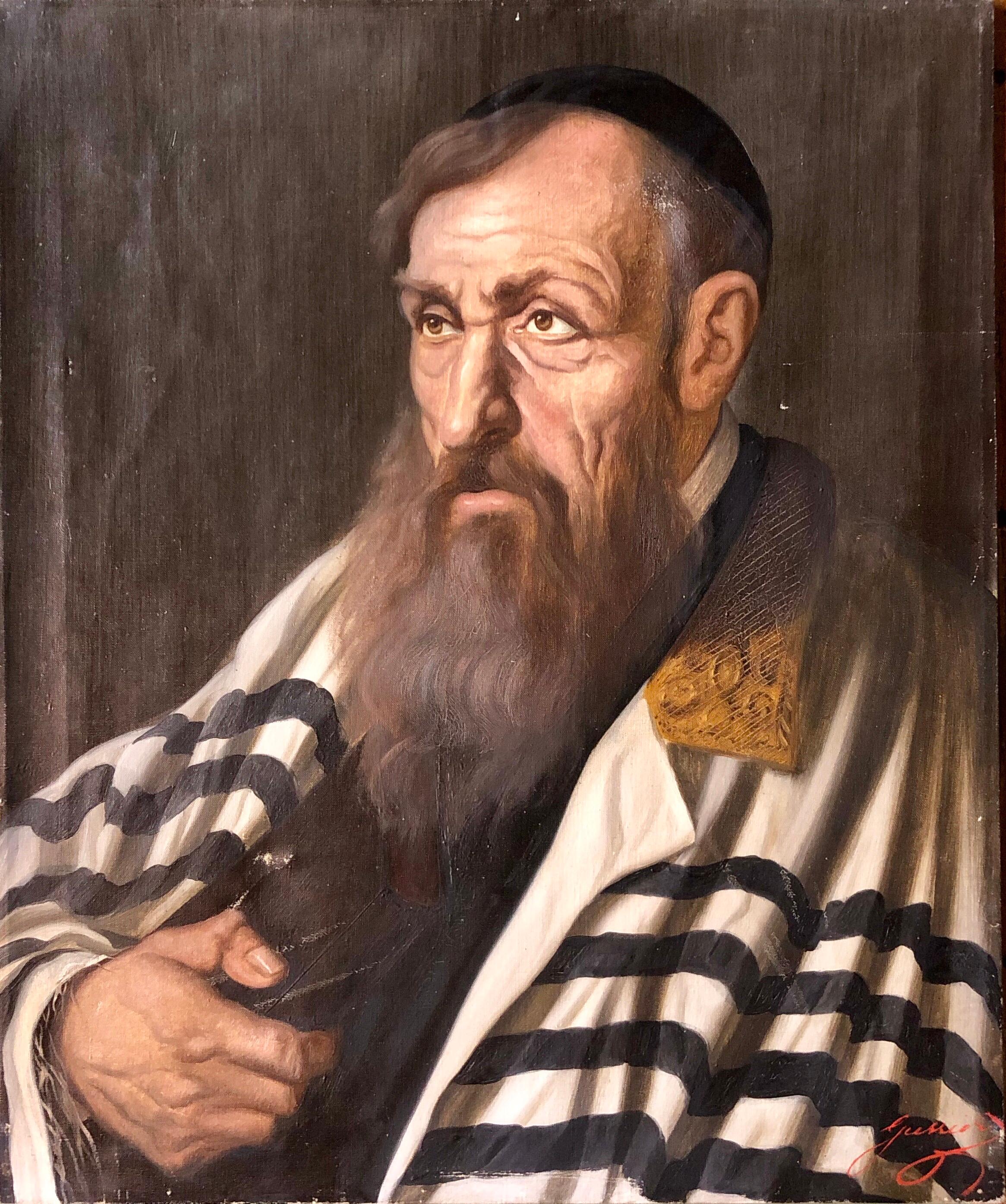 Figurative Painting Unknown - Portrait judaïque polonais de lapin hasidic avec peinture à l'huile du Synagogue de Tallit
