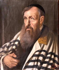 Vintage Polish Judaica Portrait of Hasidic Rabbi with Tallit Synagogue Oil Painting