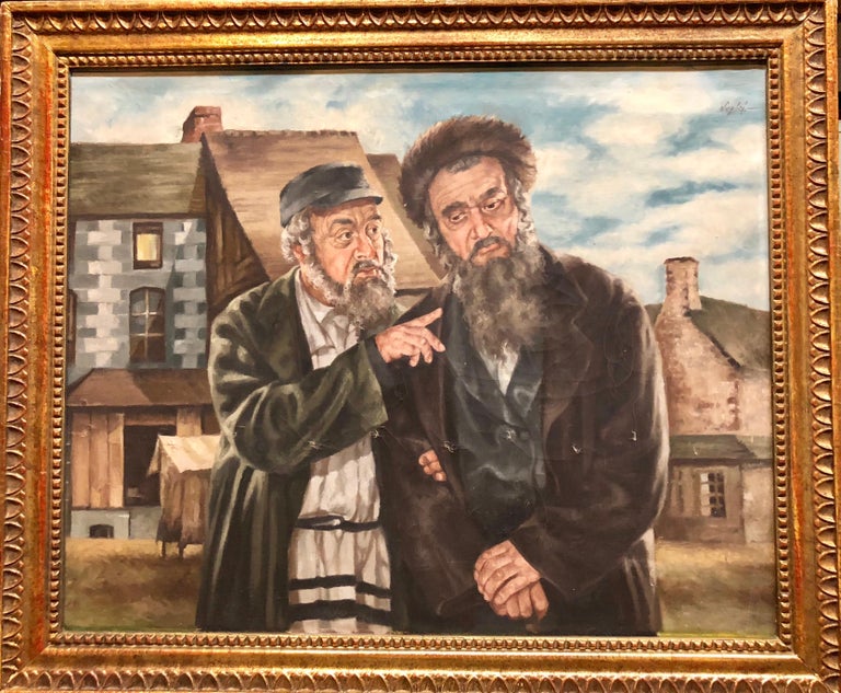 Realistic portrait of an older pair of Jewish shtetl types in a warm discussion by Polish artist. Here the artist conveys a sense of quiet grandeur through the eyes of his subject and the way it's rendered. Part of a distinguished European lineage