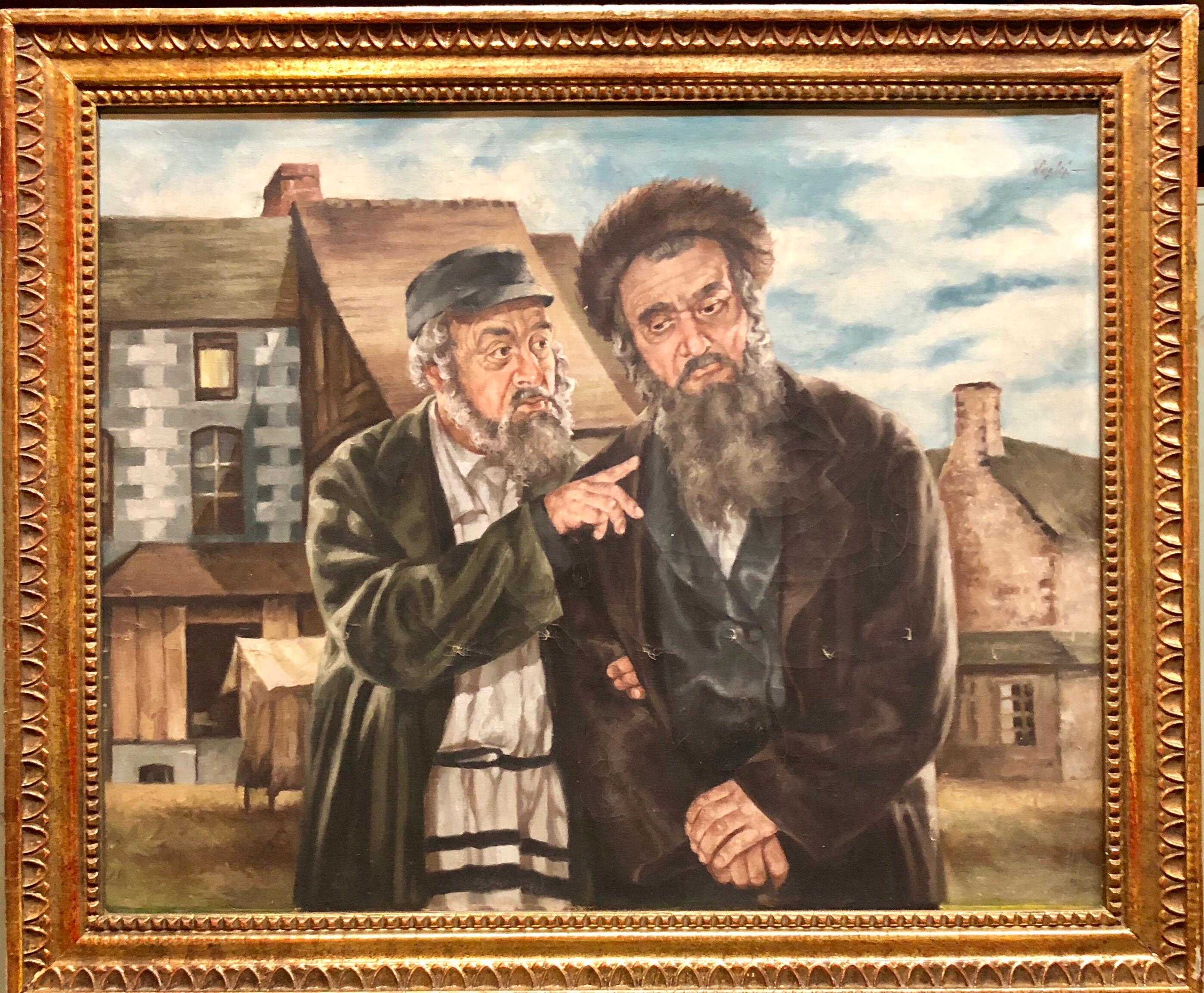 Polish Judaica Portrait of Hasidic Rabbis Shtetl Oil Painting