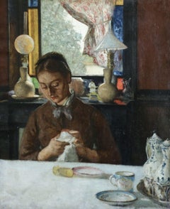 Polishing Glasses- 19th Century Neo-Impressionist School Oil, Figure in Interior