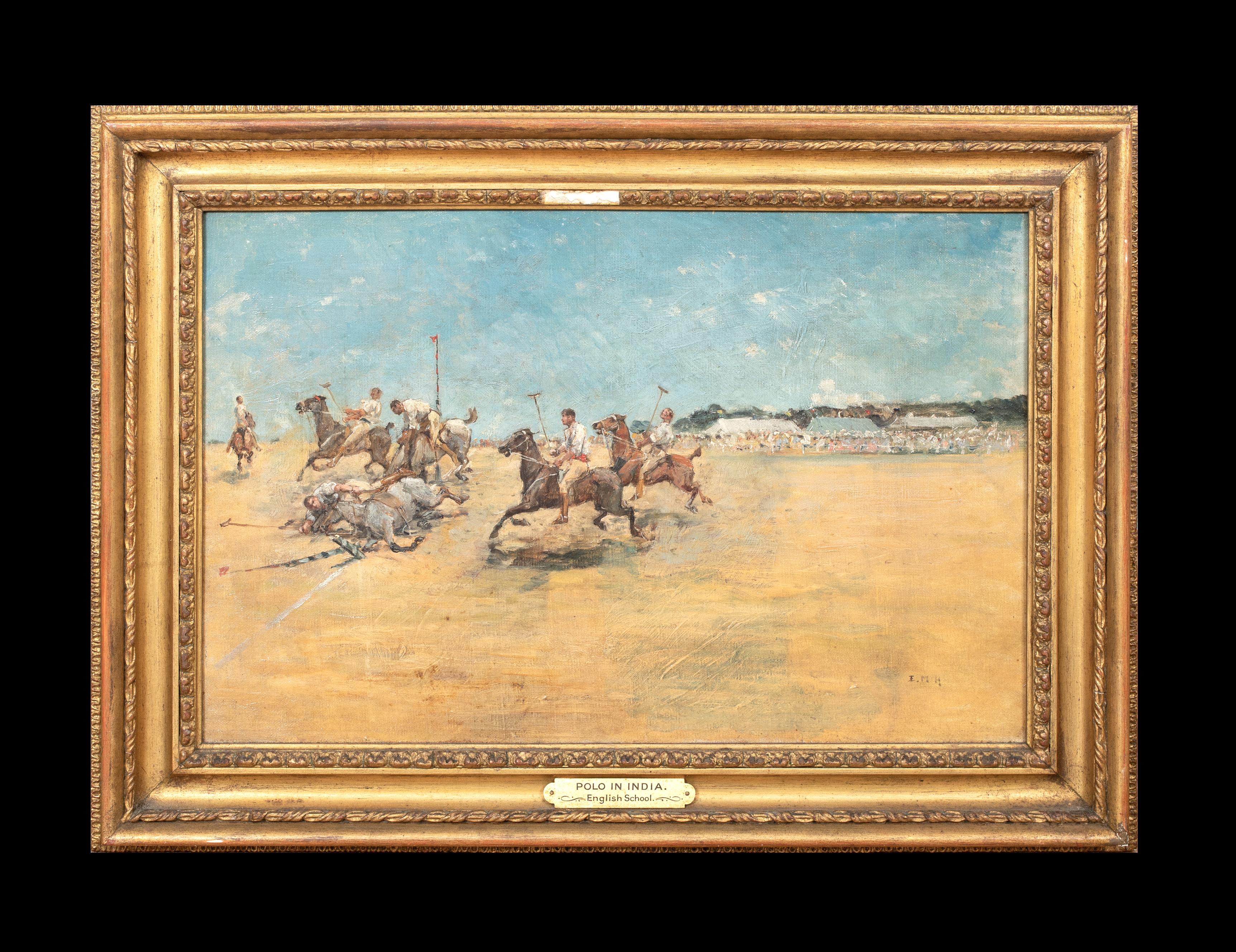 Polo Match In India, 19th Century  British Colonial School - signed EMH - Painting by Unknown