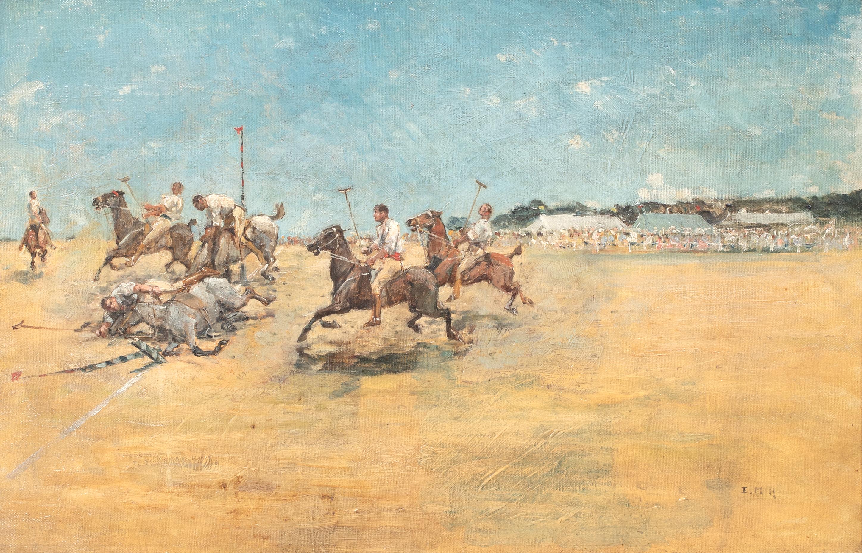 Polo Match In India, 19th Century  British Colonial School - signed EMH - Beige Landscape Painting by Unknown