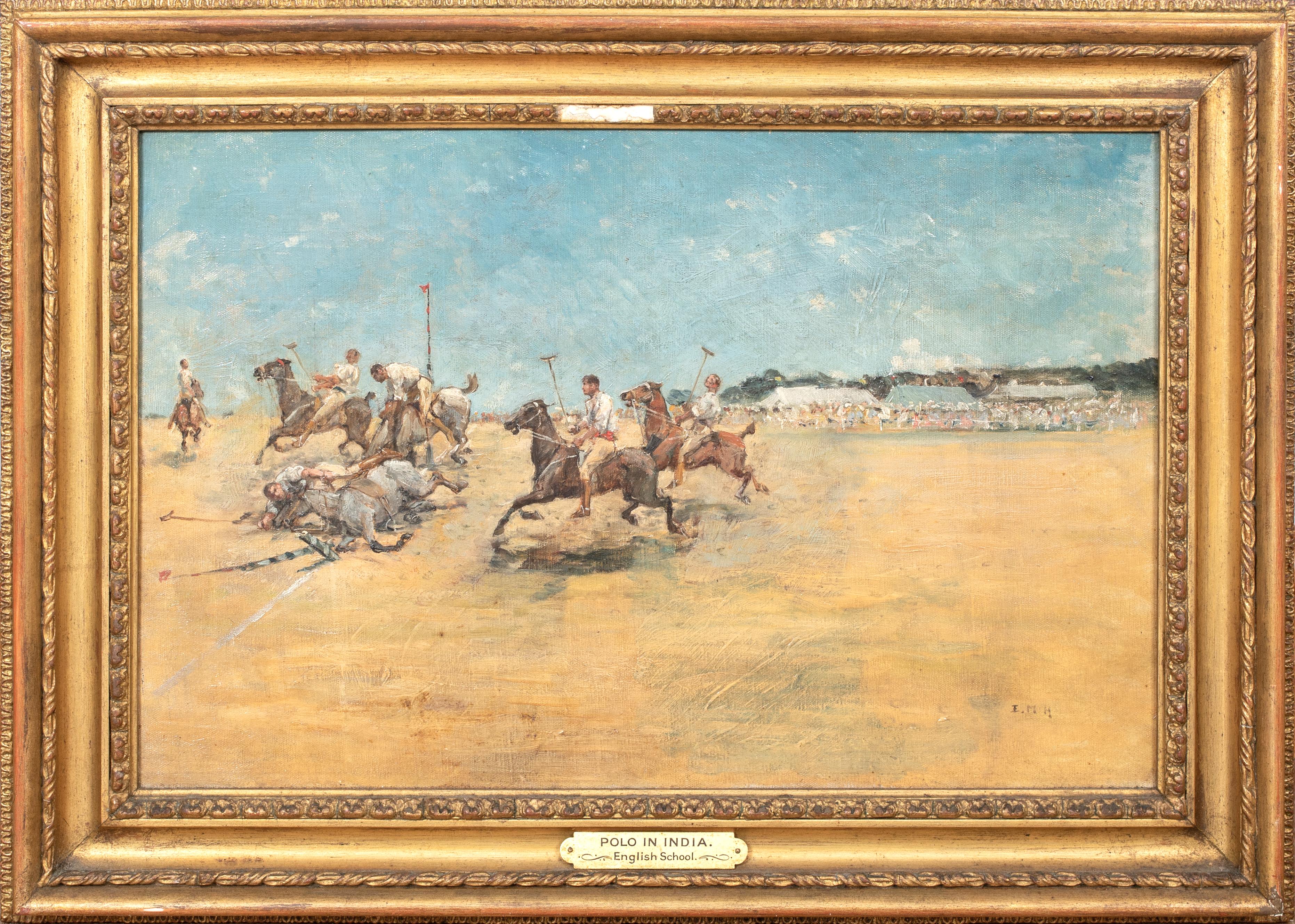 Unknown Landscape Painting - Polo Match In India, 19th Century  British Colonial School - signed EMH