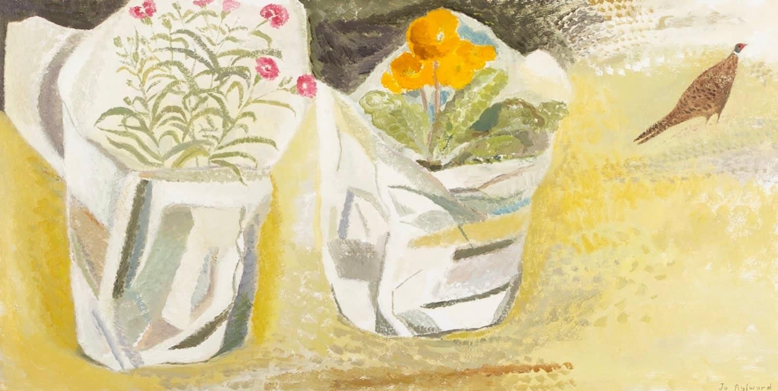 Polyanthus, roses et cedric, peinture à l'huile sur panneau de Jo Aylward
