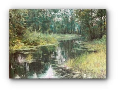 Pond in the Woods (Small Contemporary Impressionist Landscape Painting)