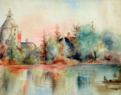 Mid Century Pond Reflections Watercolor Landscape