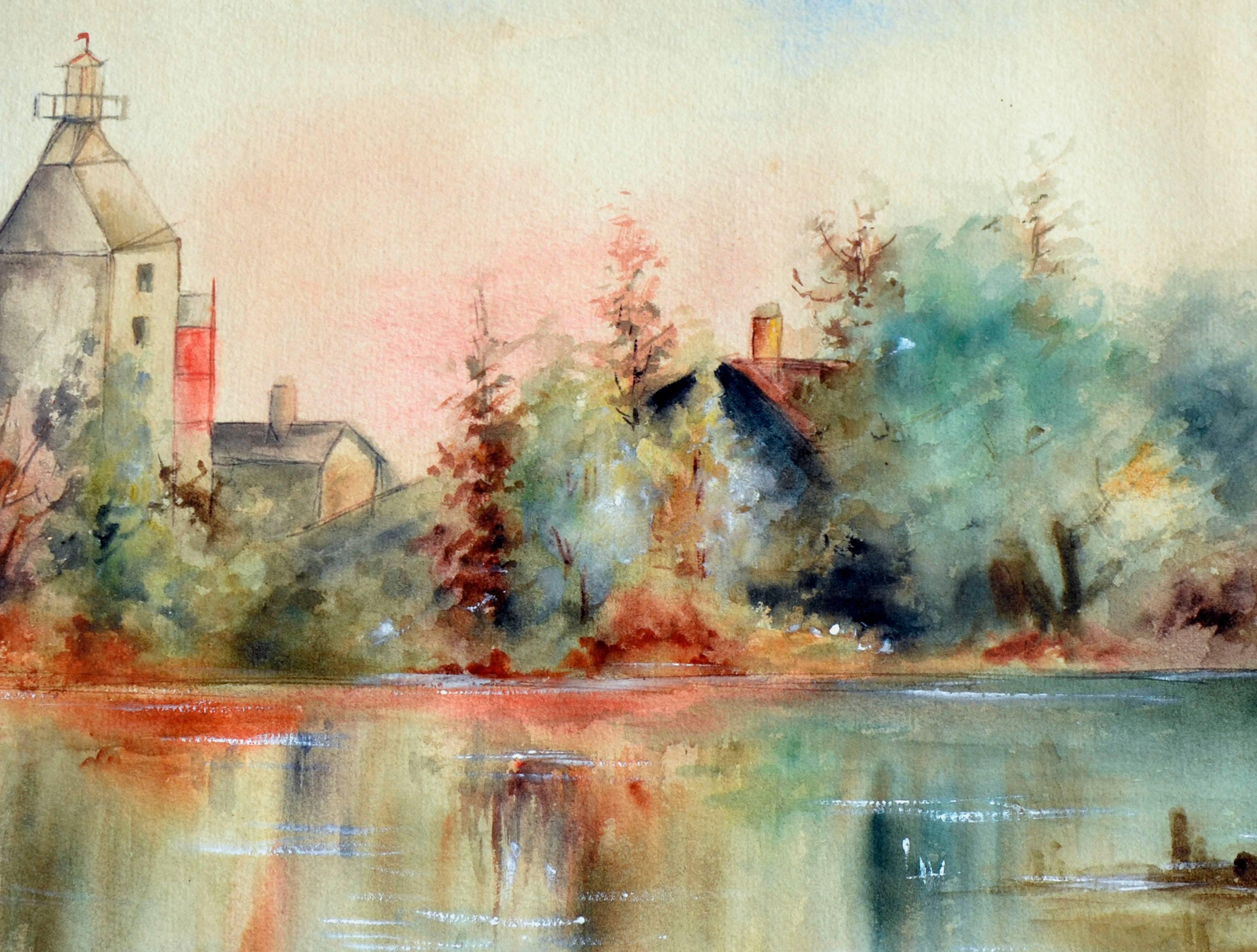 Paysage d'aquarelle Mid Century Pond Reflections - Impressionnisme abstrait Painting par C G Standeford