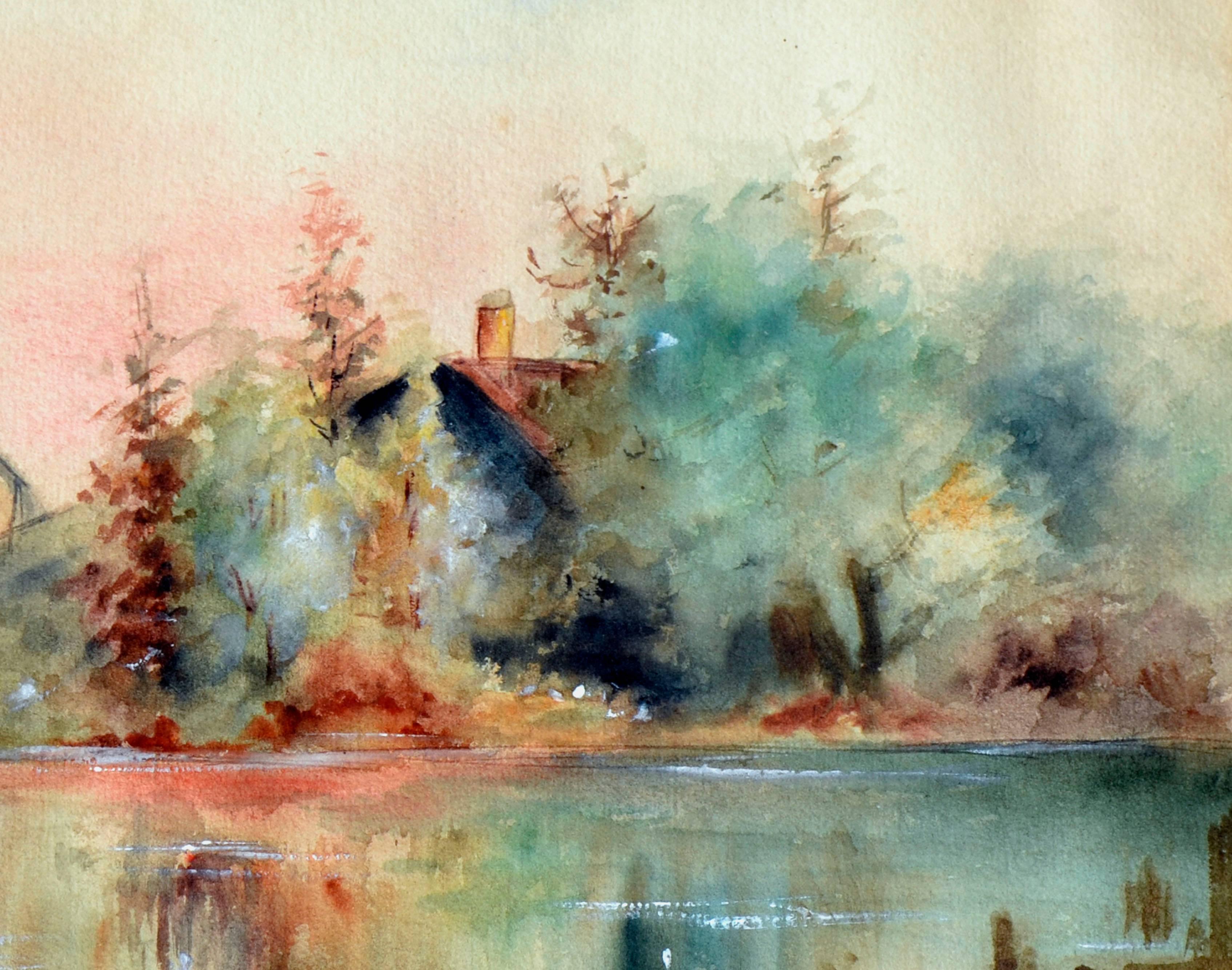 Paysage d'aquarelle Mid Century Pond Reflections - Beige Landscape Painting par C G Standeford