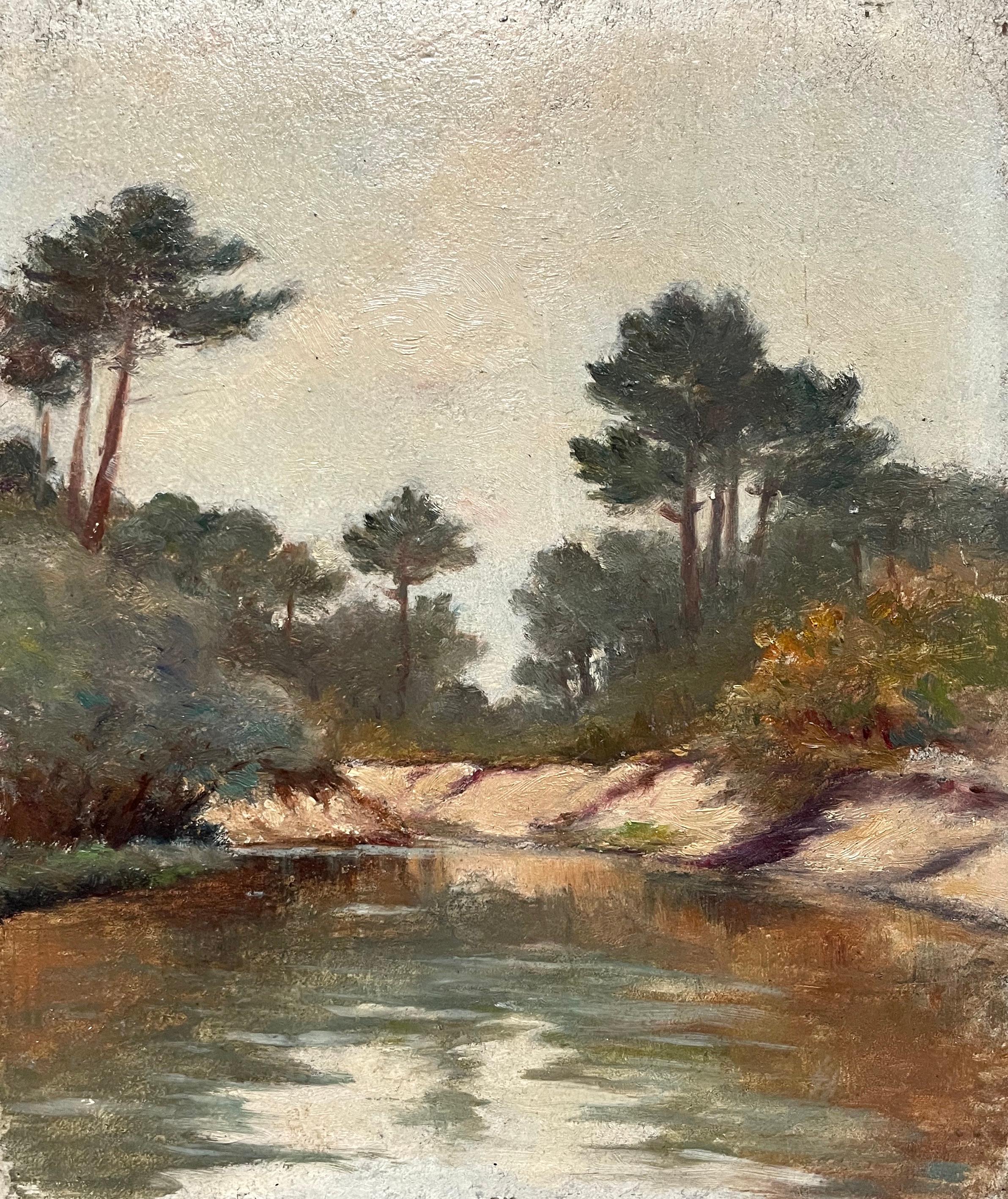 Teich, Südwestfrankreich, Öl auf Karton, frühes 20. Jahrhundert im Angebot 3