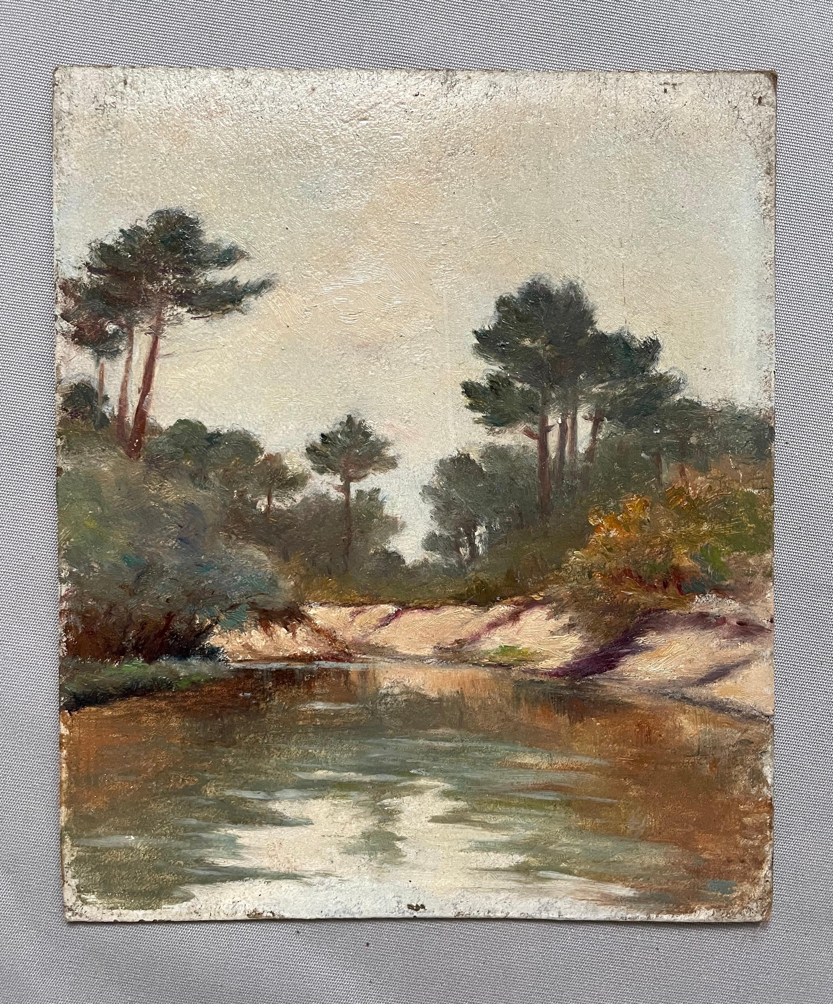 Unknown Landscape Painting – Teich, Südwestfrankreich, Öl auf Karton, frühes 20. Jahrhundert