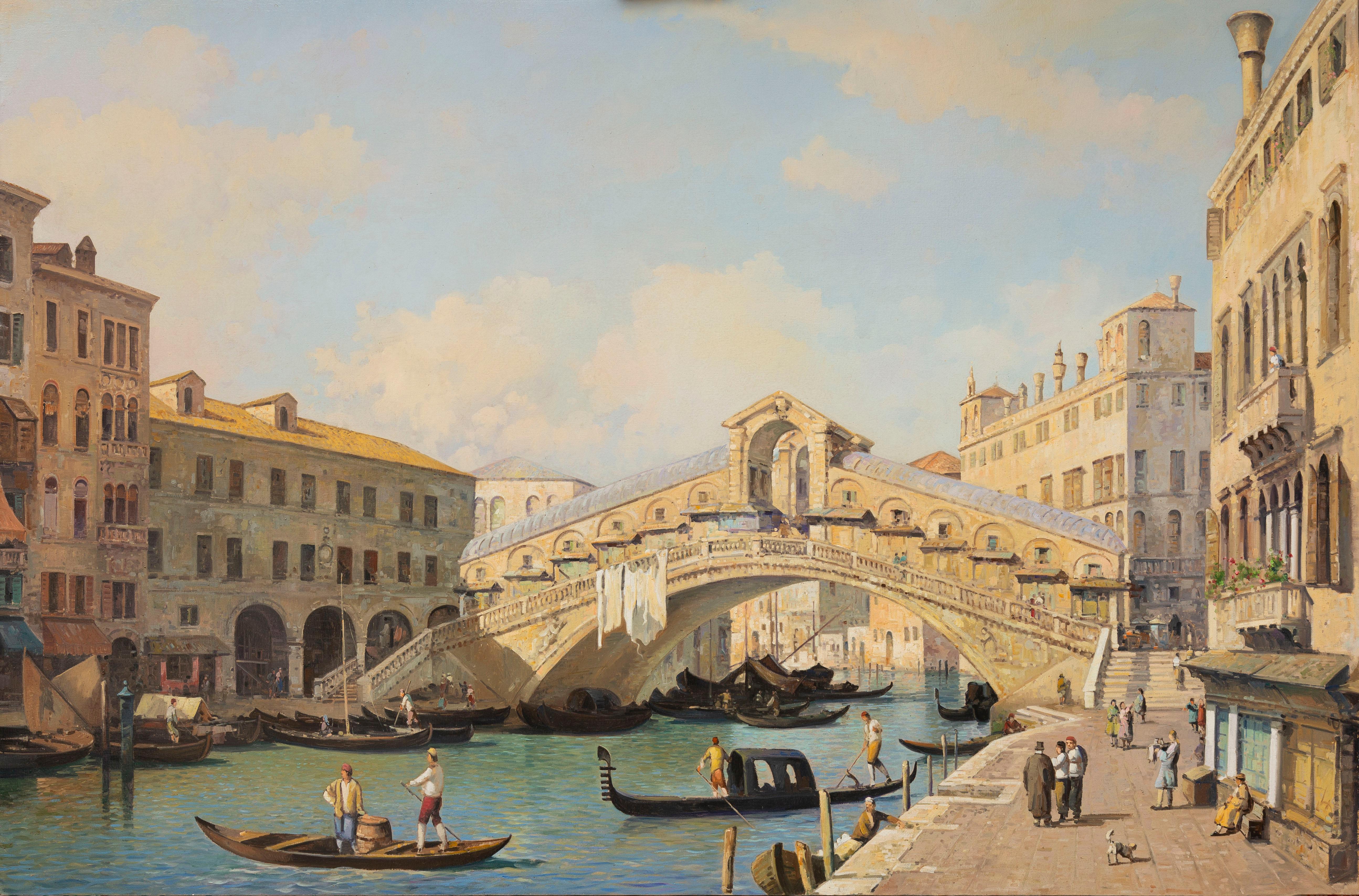 Ponte Rialto in Venedig, Landschaft, Gemälde Öl auf Leinwand mit Rahmen – Painting von Unknown