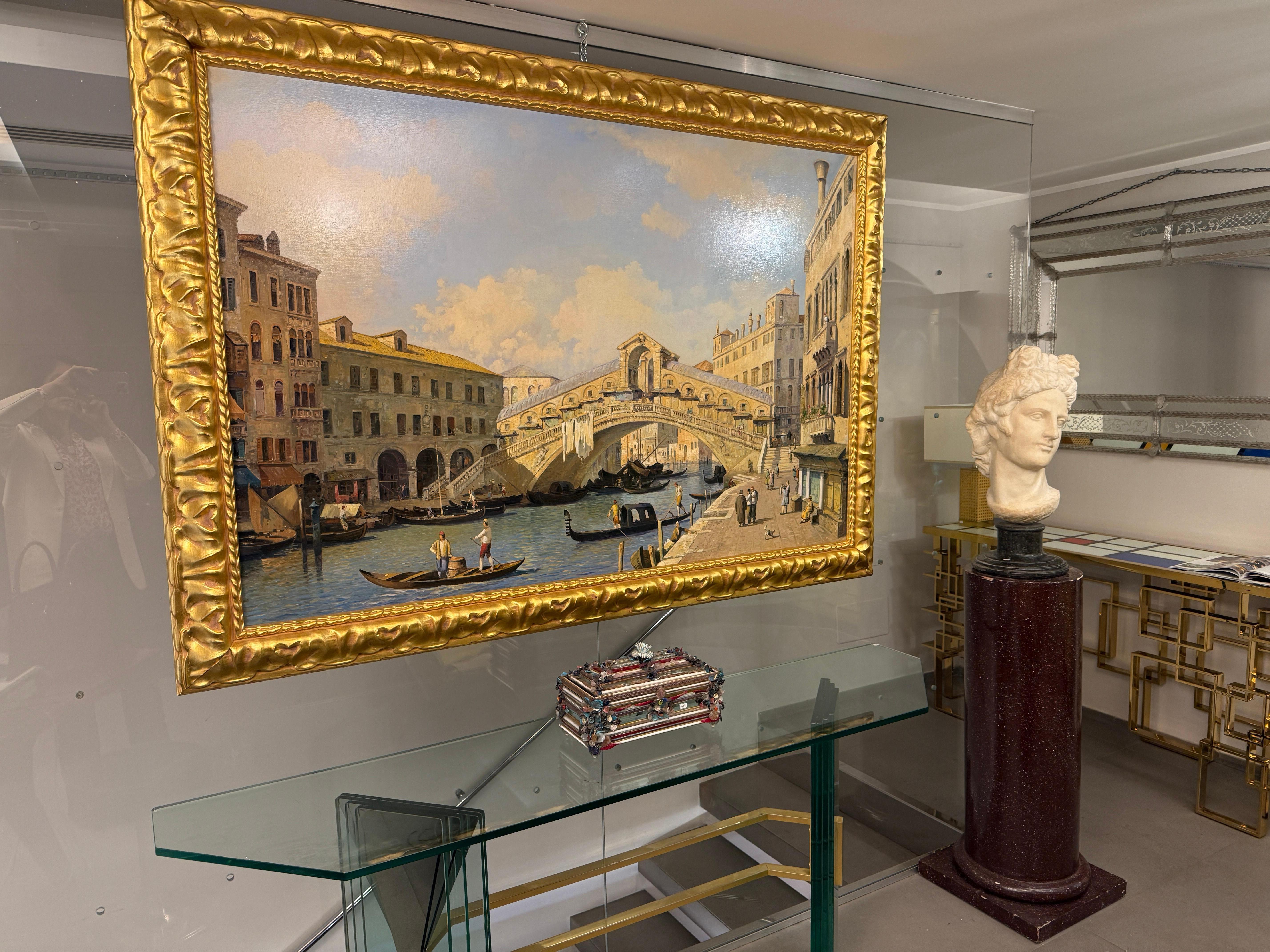 Ponte Rialto in Venedig, Landschaft, Gemälde Öl auf Leinwand mit Rahmen (Braun), Landscape Painting, von Unknown