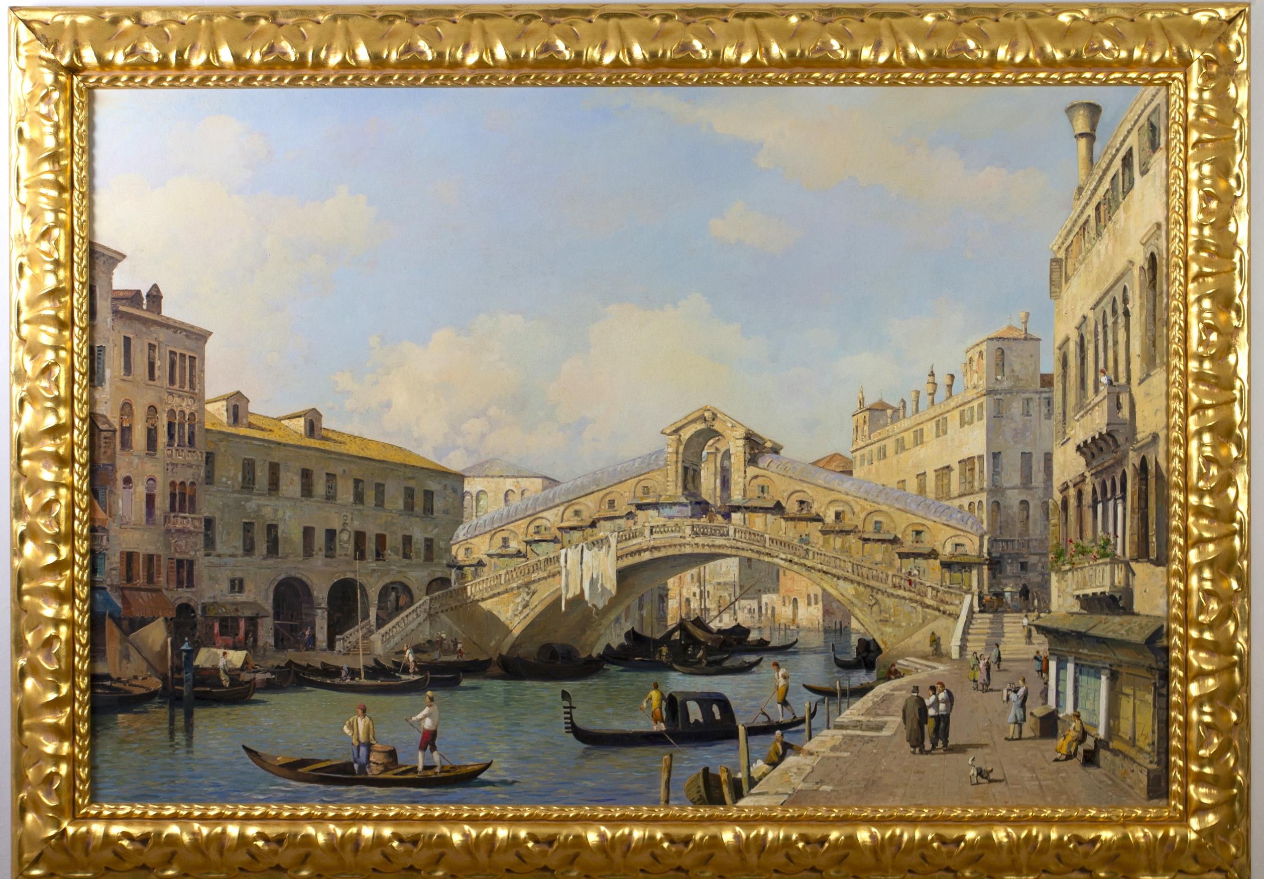 Ponte Rialto in Venedig, Landschaft, Gemälde Öl auf Leinwand mit Rahmen im Angebot 1