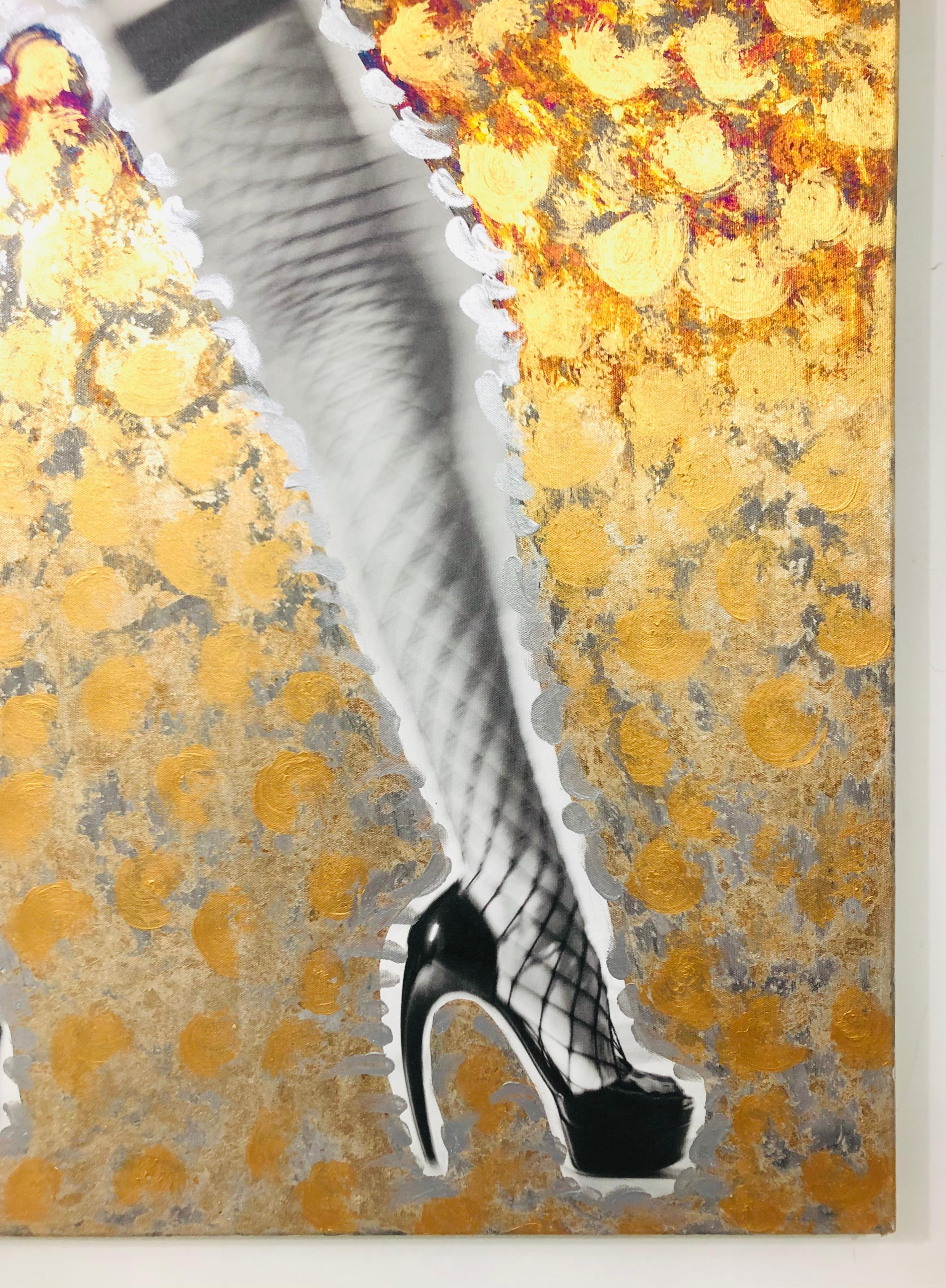 A sensual pop art mixed media paint and photography on canvas by Luciana Pampalone ( American, 1963). The large mixed media depicts a photography of a woman 's legs dressed in sexy fishnet stocking and wearing black high heel shoes. The photography