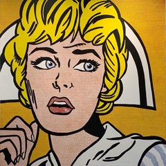 Pop Art painting girl with blond hair based on Roy Lichtenstein