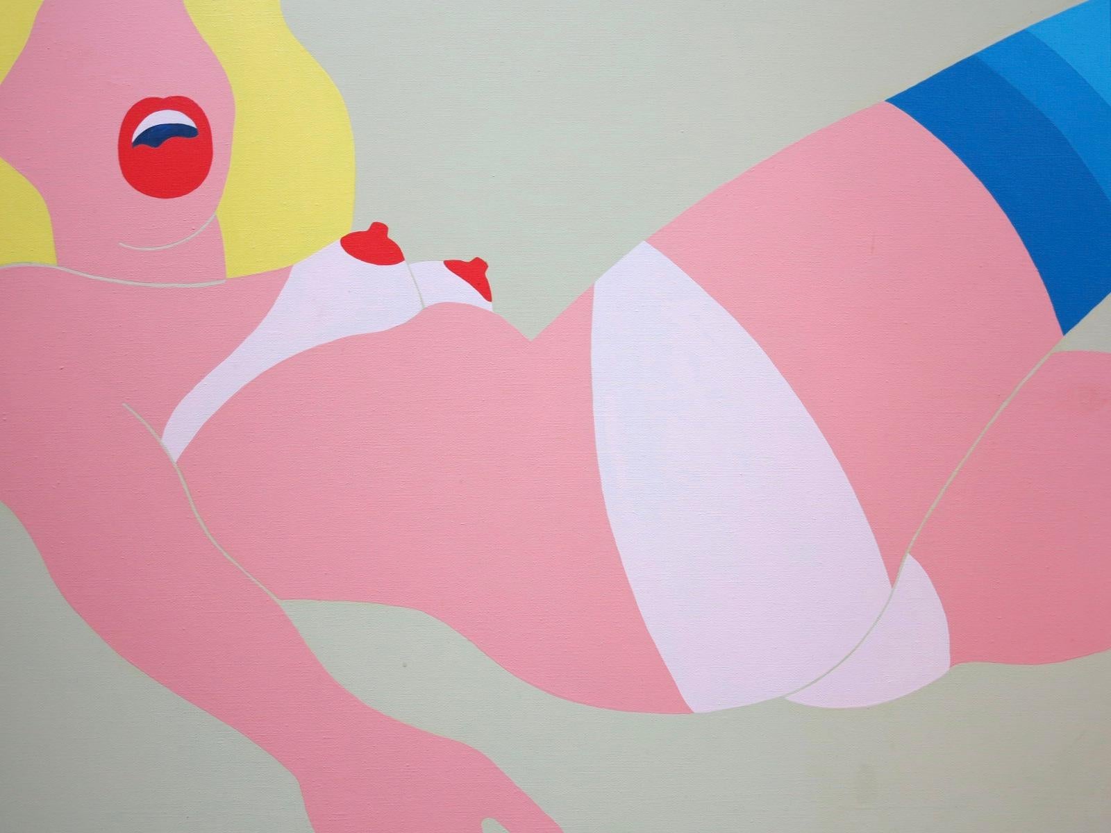 Magnifique peinture Pop Art des années 1970 représentant une femme nue allongée d'après la sérigraphie de Tom Wesselmann de 1968, Nude with Still Life. Huile sur toile, 30 x 36 pouces. Cadre en acier soudé sur mesure avec coins résolus. Non signée.