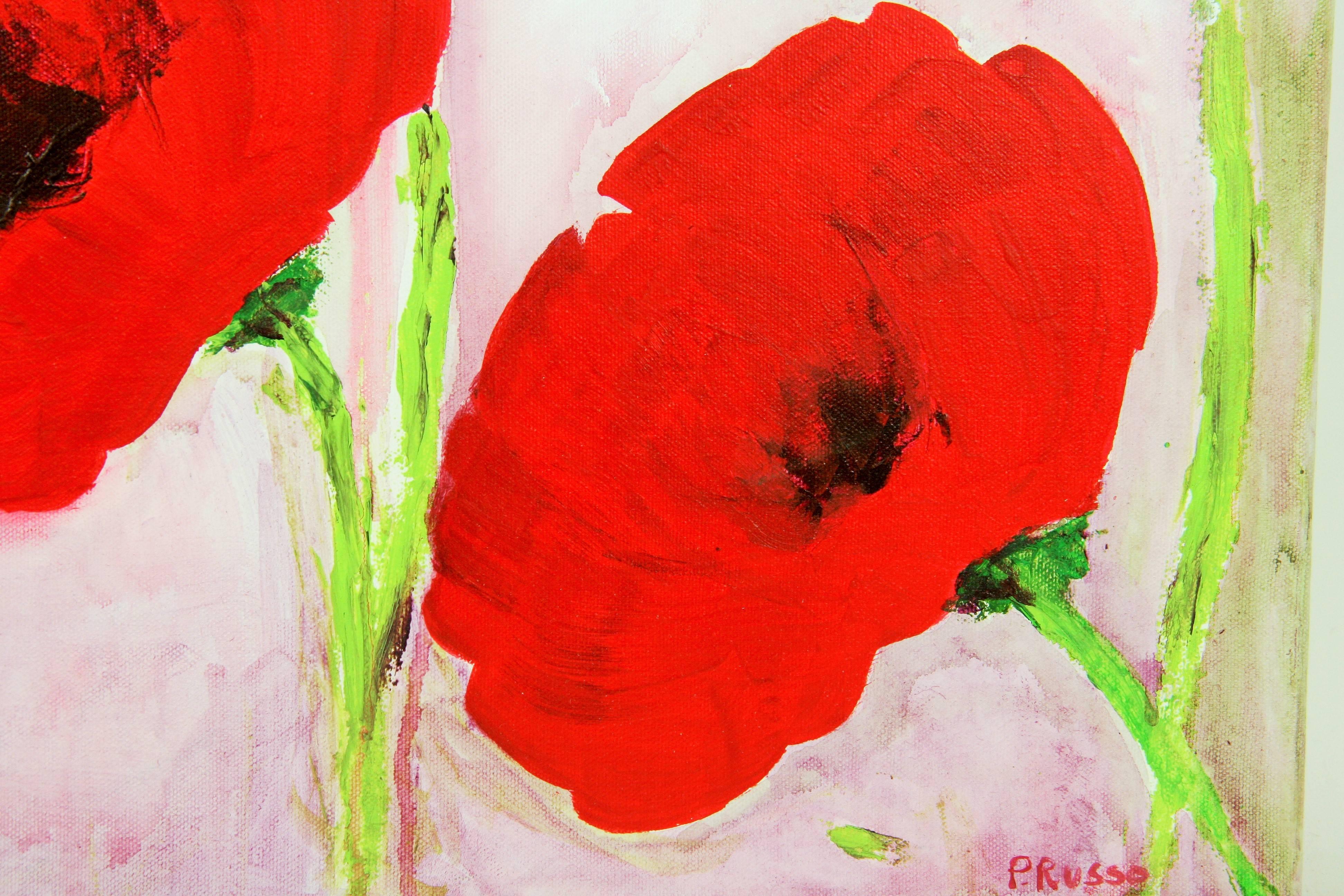 2764 A contemporary  abstract red poppies painting,acrylic on canvas signed lower right byP.Russo
Set in a rapped painted edge canvas no frame required.