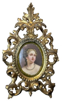 Antique Porcelain Portrait of Woman in Giltwood Frame