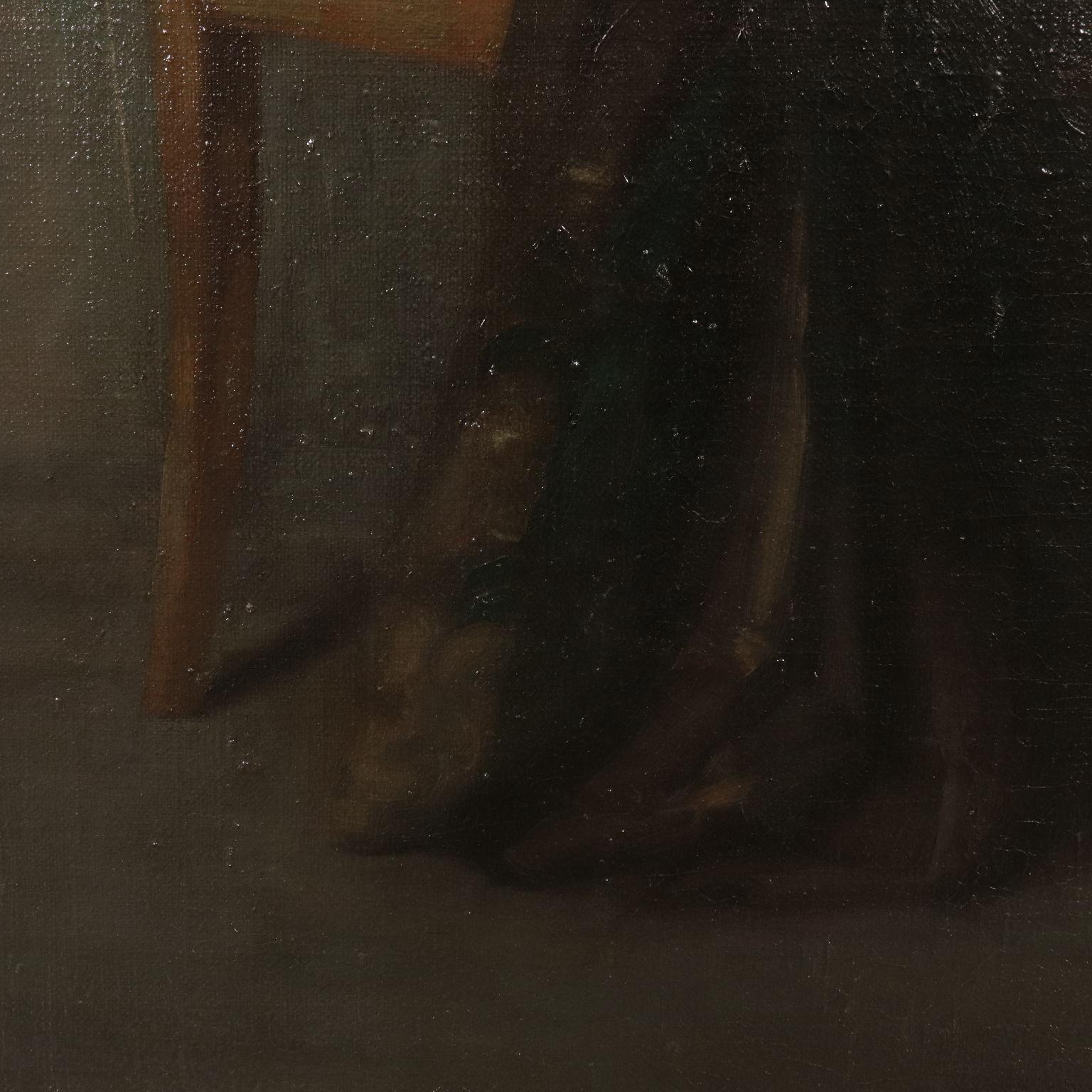 Oil on canvas. German School. Intense portrait of a young woman, sitting with her back turned, but rotated to look at the viewer; the room she is in is bare, a part from the corner of a painting on the wall in front of which the woman is sitting.