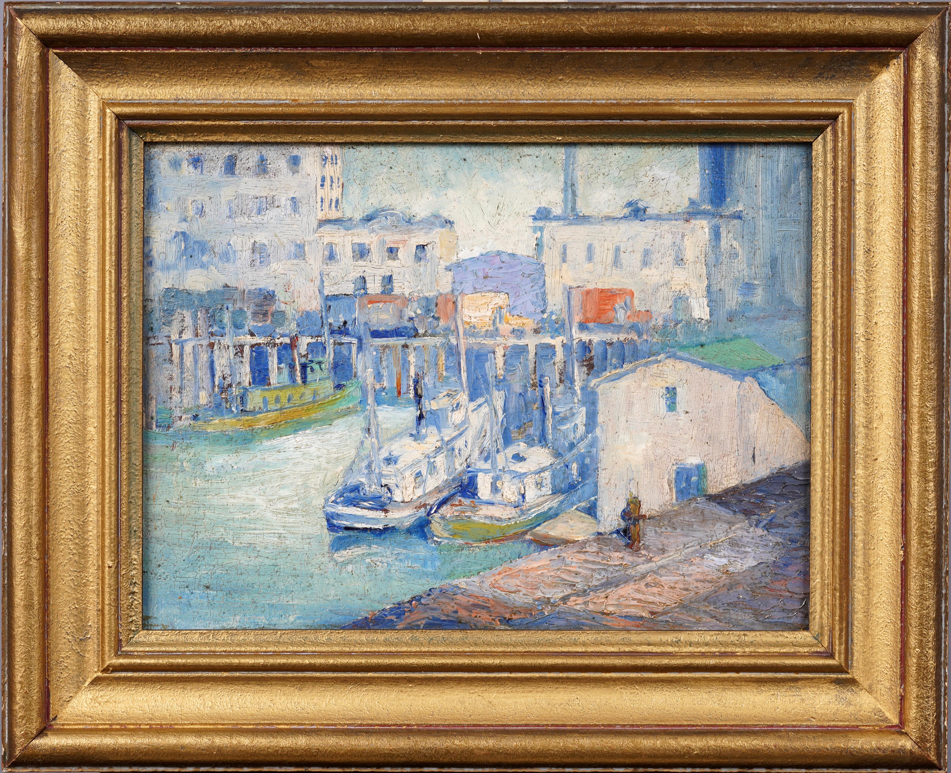 Portland Maine Early 1900's Impressionist Harbor Scene Antique American Painting - Brown Landscape Painting by Unknown