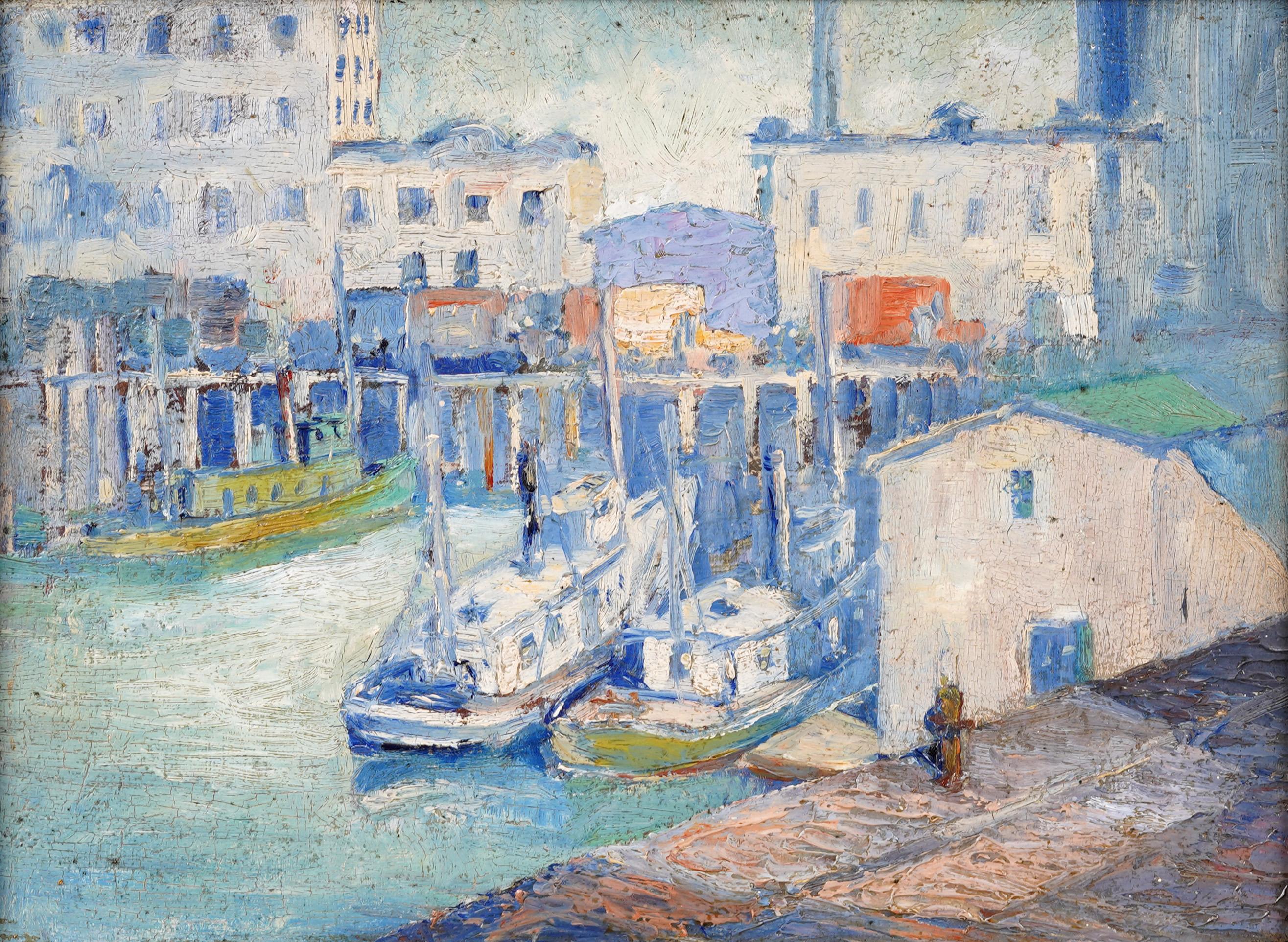 Antique American impressionist harbor scene oil painting. Oil on board. Titled verso.  Framed. Measuring 17 by 22 inches overall and 12 by 16 painting alone. 