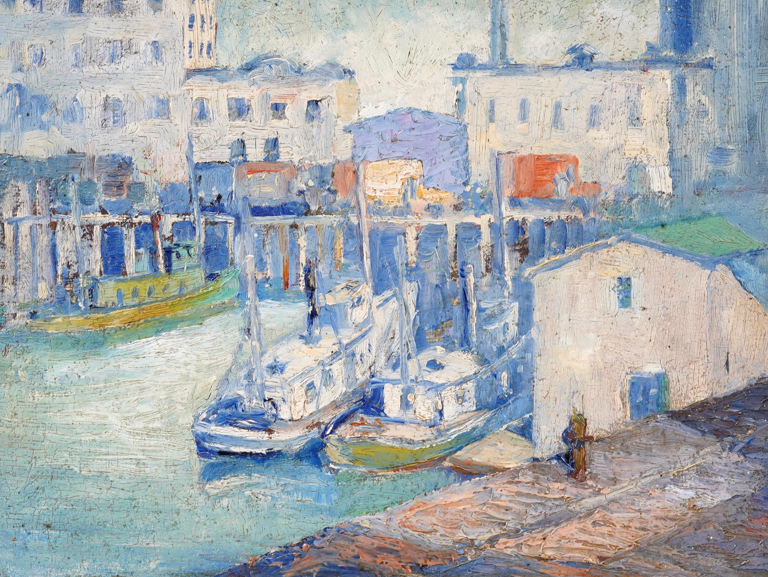 Portland Maine Early 1900's Impressionist Harbor Scene Antique American Painting 1