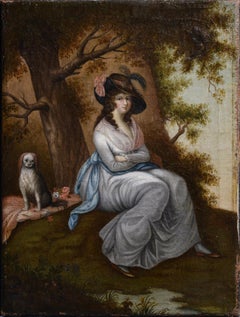 Portrait Cute Young Lady with Dog 18th Century Baroque Oil Painting on Canvas