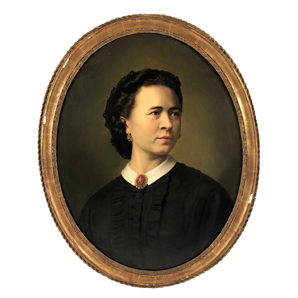 Unknown Portrait Painting - Portrait de femme, école française fin XIXe. Huile sur toile de forme ovale